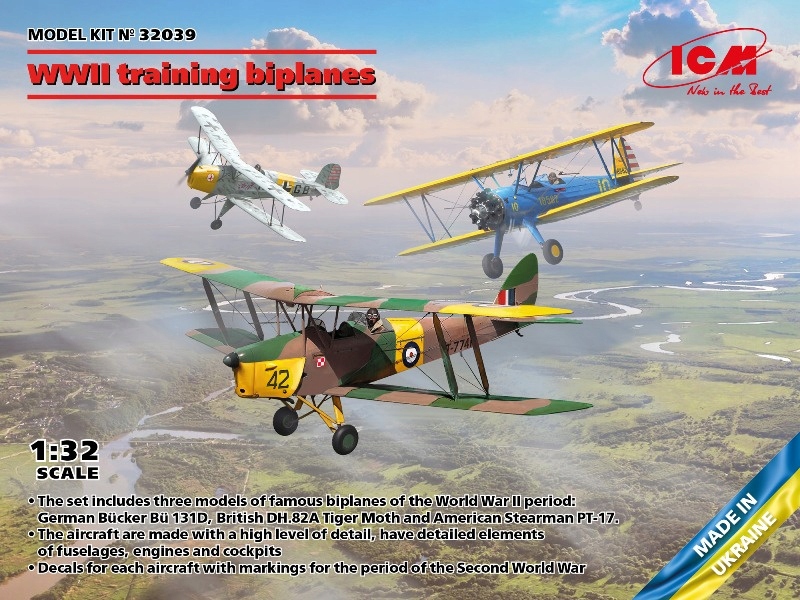 Cvičné dvouplošníky z druhé Bücker Bü 131D DH.82A Tiger Moth Stearman PT-17 1:32