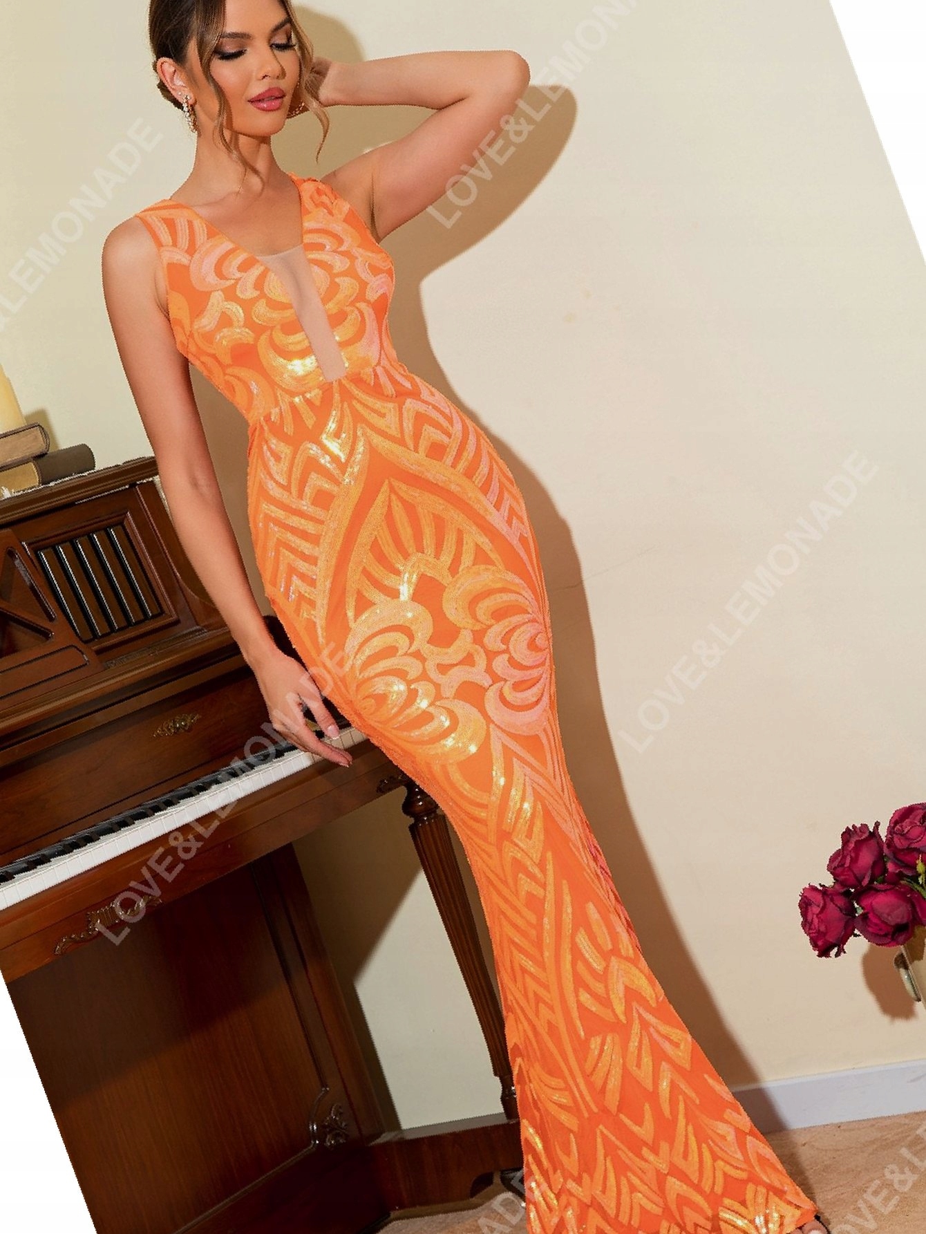 Šaty Flitrová Syrena Love&lemonade Oranžová Balová Maxi M 38