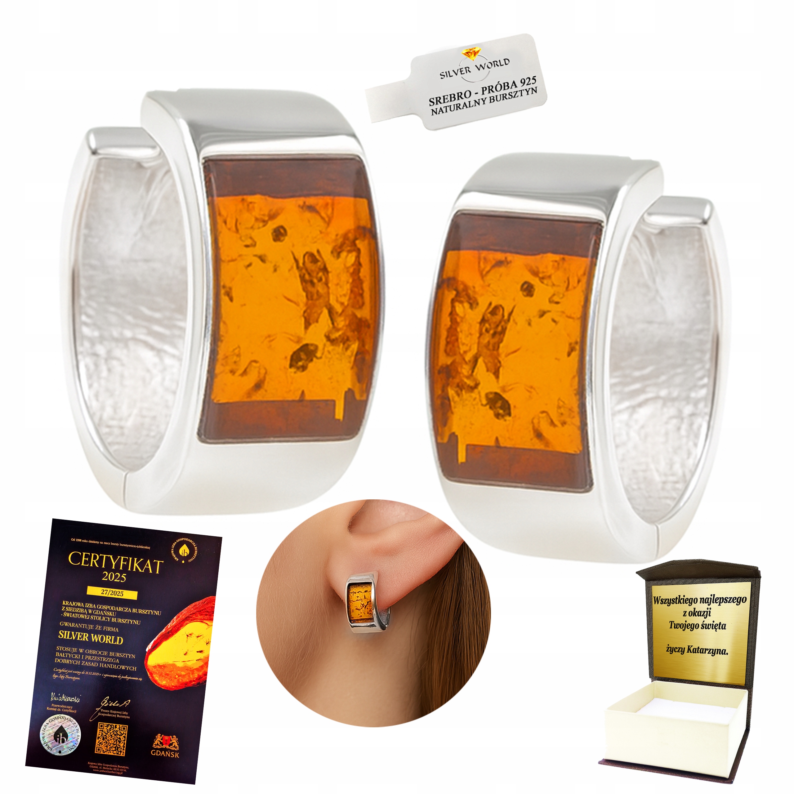 Stříbrné Náušnice S Jantarem, Závěsné Tyčinky, Kolečka Kreolky +dárek