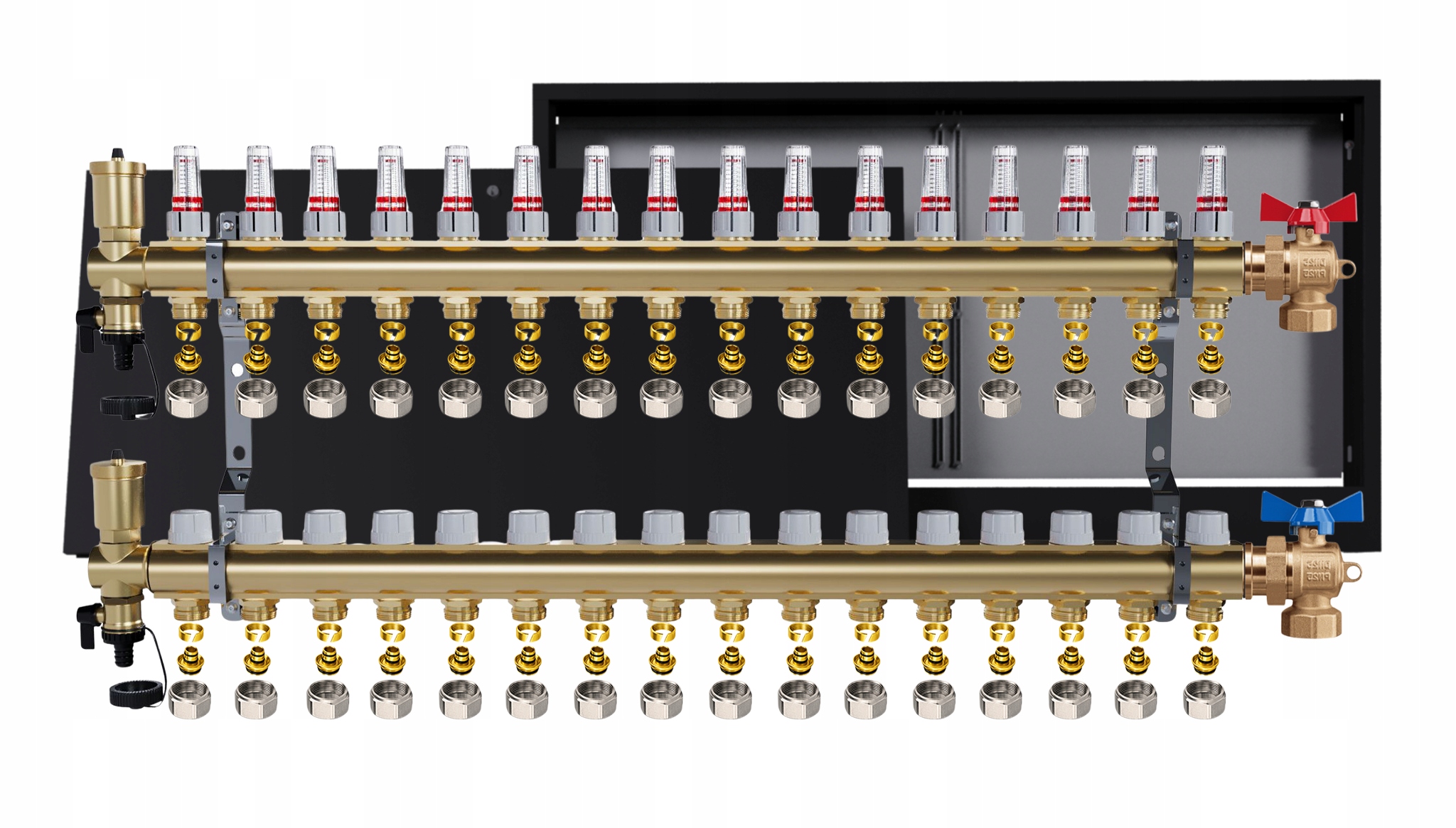 Mosazný rozdělovač podlahy 16 obvodů nástěnná skříňka černá Pex