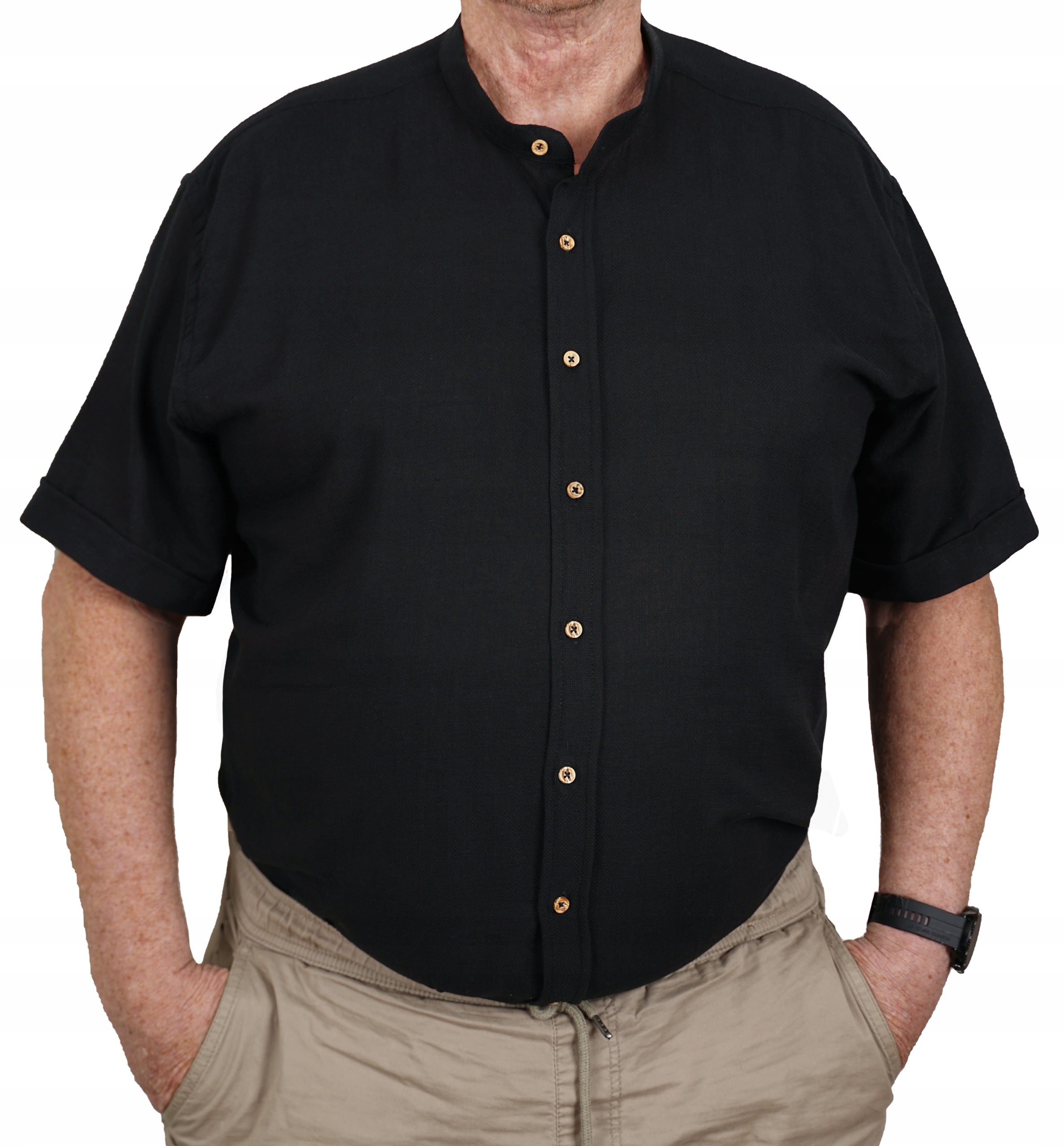 Koszula Męska A'la Lniana Czarna Ze Stójką Casual Krótki Rękaw Bawełna 5XL