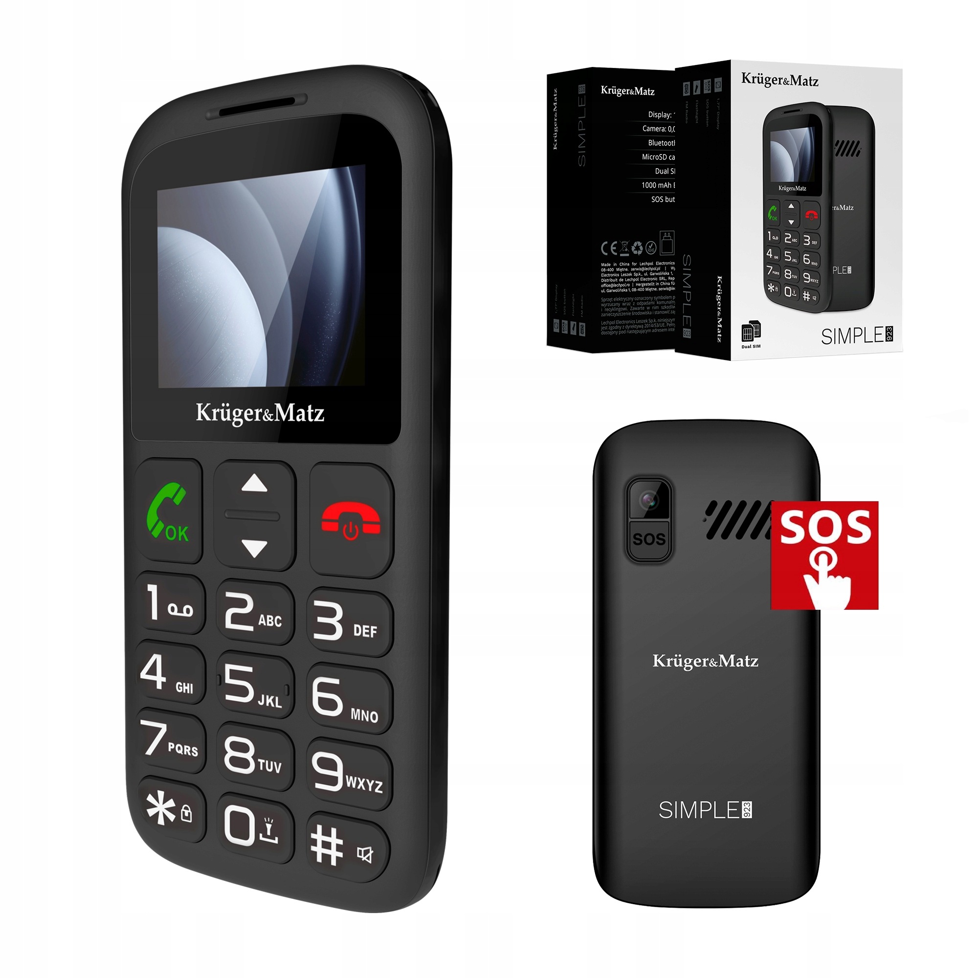 Telefon komórkowy Gsm dla seniora Kruger&Matz Simple 923 Sos duże klawisze