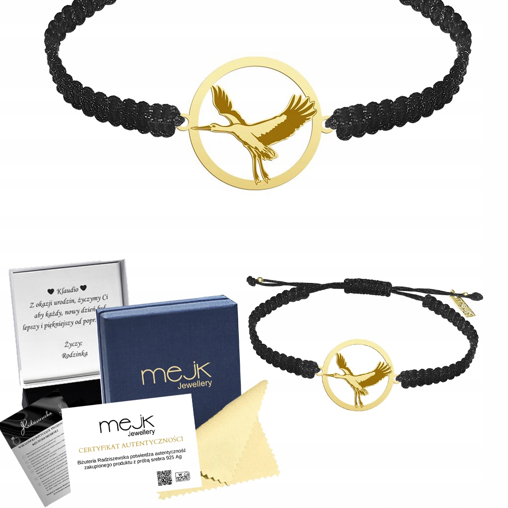 Zlatý náramek s čápem 925 Makramé Dárek Šperky Gravírování Bonus