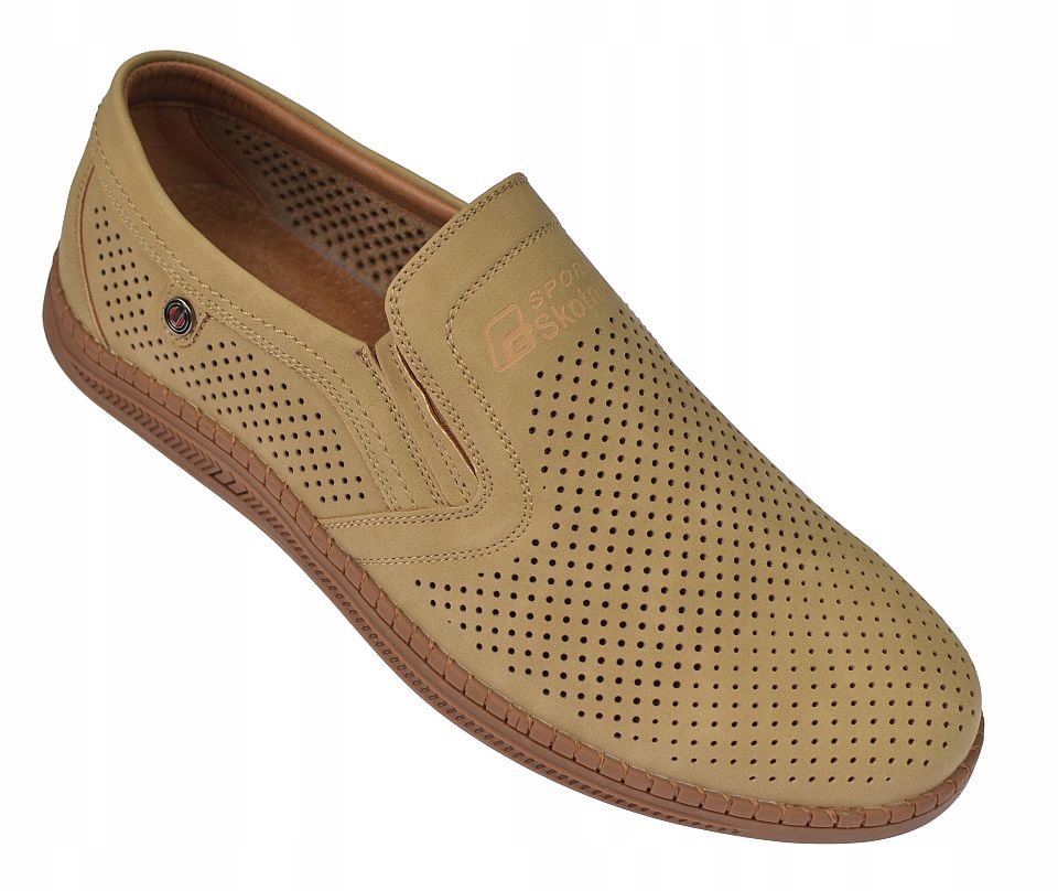 Pánské ažurové mokasíny P-4-0743 béžové lehké nazouvací letní polobotky vel. 42