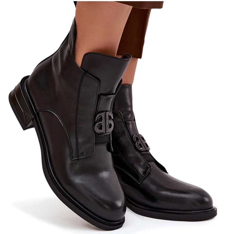 Dámské Kotníkové Boty Přírodní Zateplená Kůže Nízký Ozdobný Podpatek Černé 36