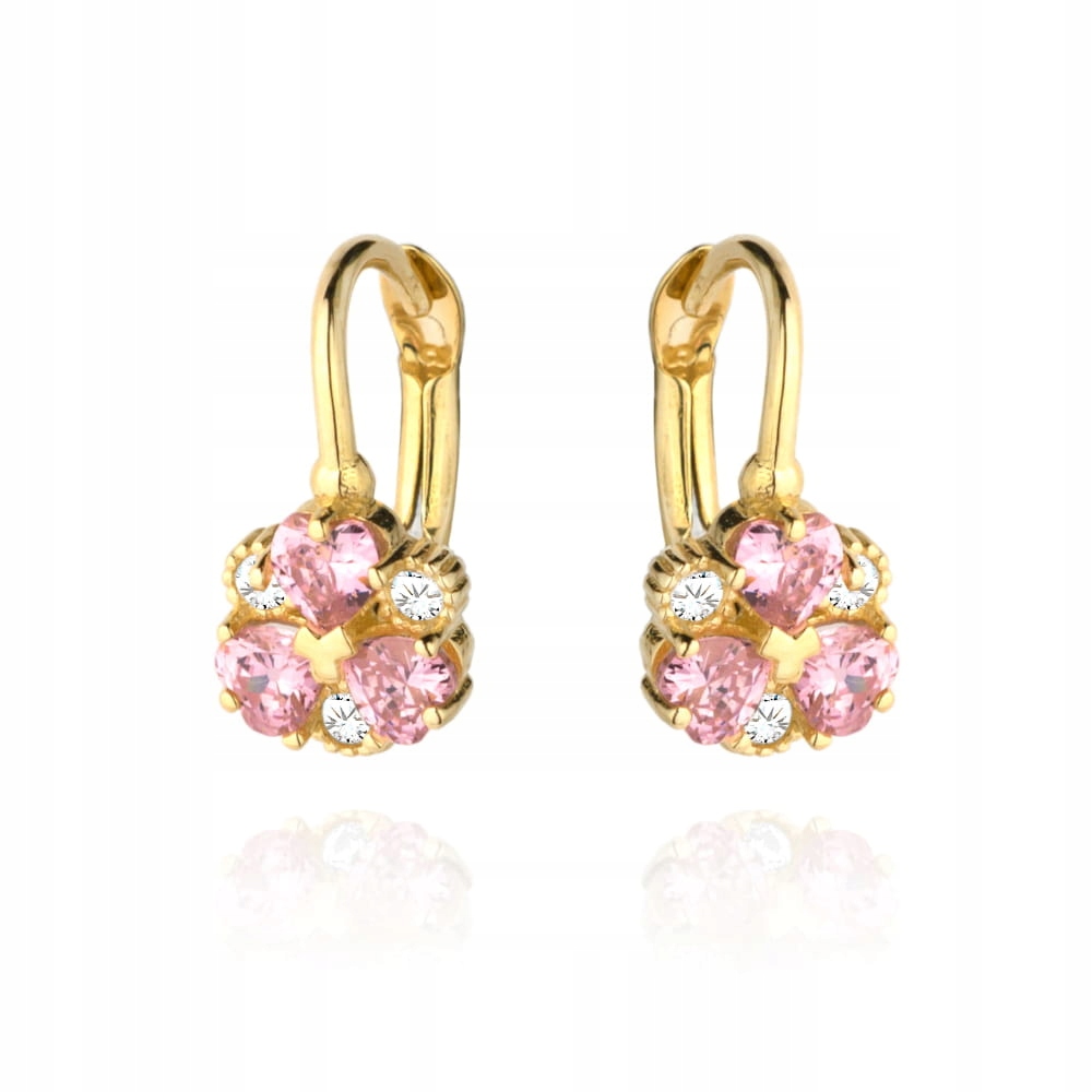 Náušnice zlaté 585 s květinou a růžovým a bílým kamenem 1.71 g