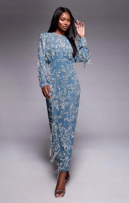 Zdobené Šaty Flitry Korálky Střapce Design 38 M