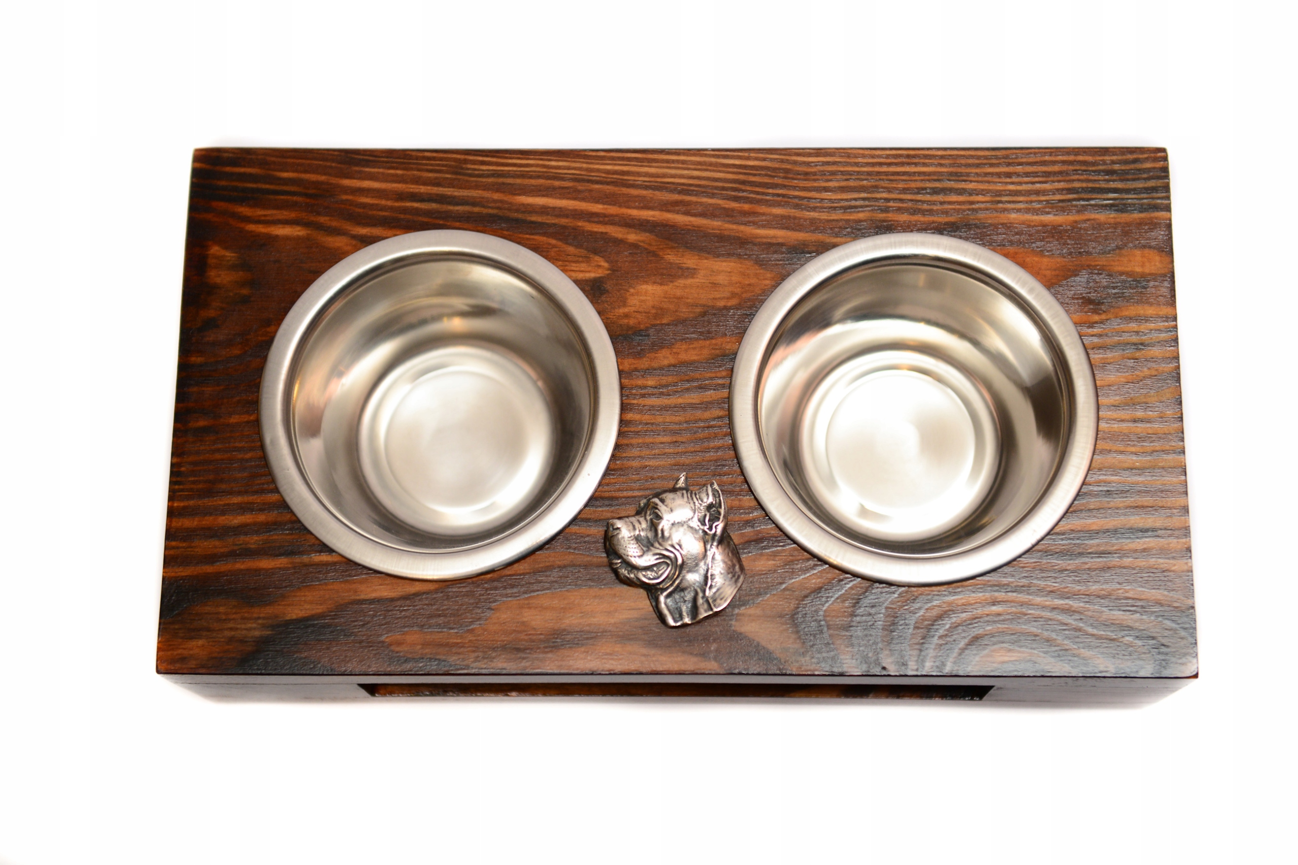 Levně Stojan s miskami pro psa, masivní dřevo, ručně vyráběné ocelové misky Cane Corso