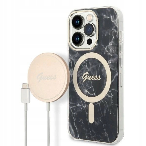 Pouzdro Guess Marble MagSafe pro iPhone 14 Pro indukční nabíječka černé