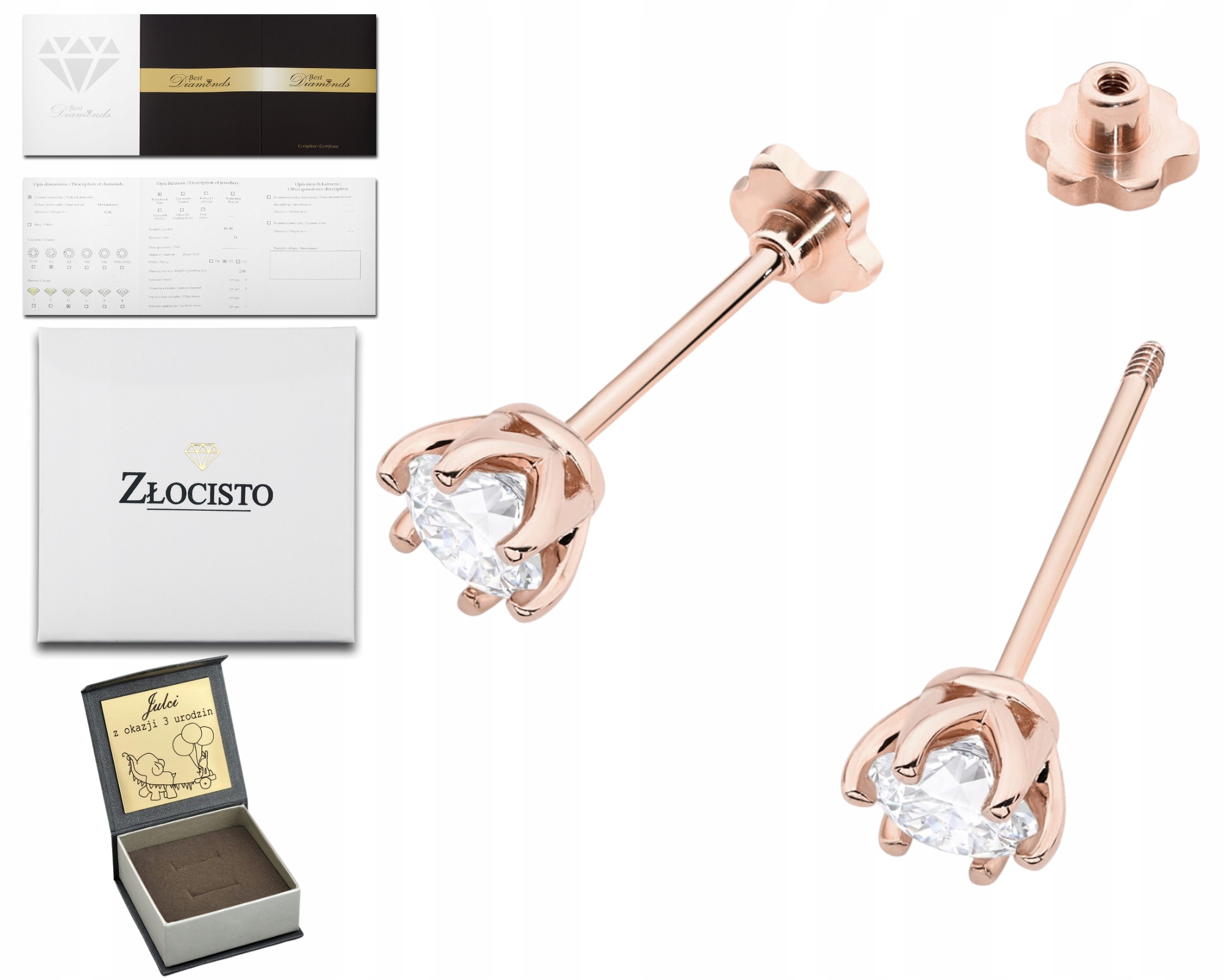 Růžové Zlato Náušnice Laboratorní Brilianty Šroubovací Tyčinka Dárek