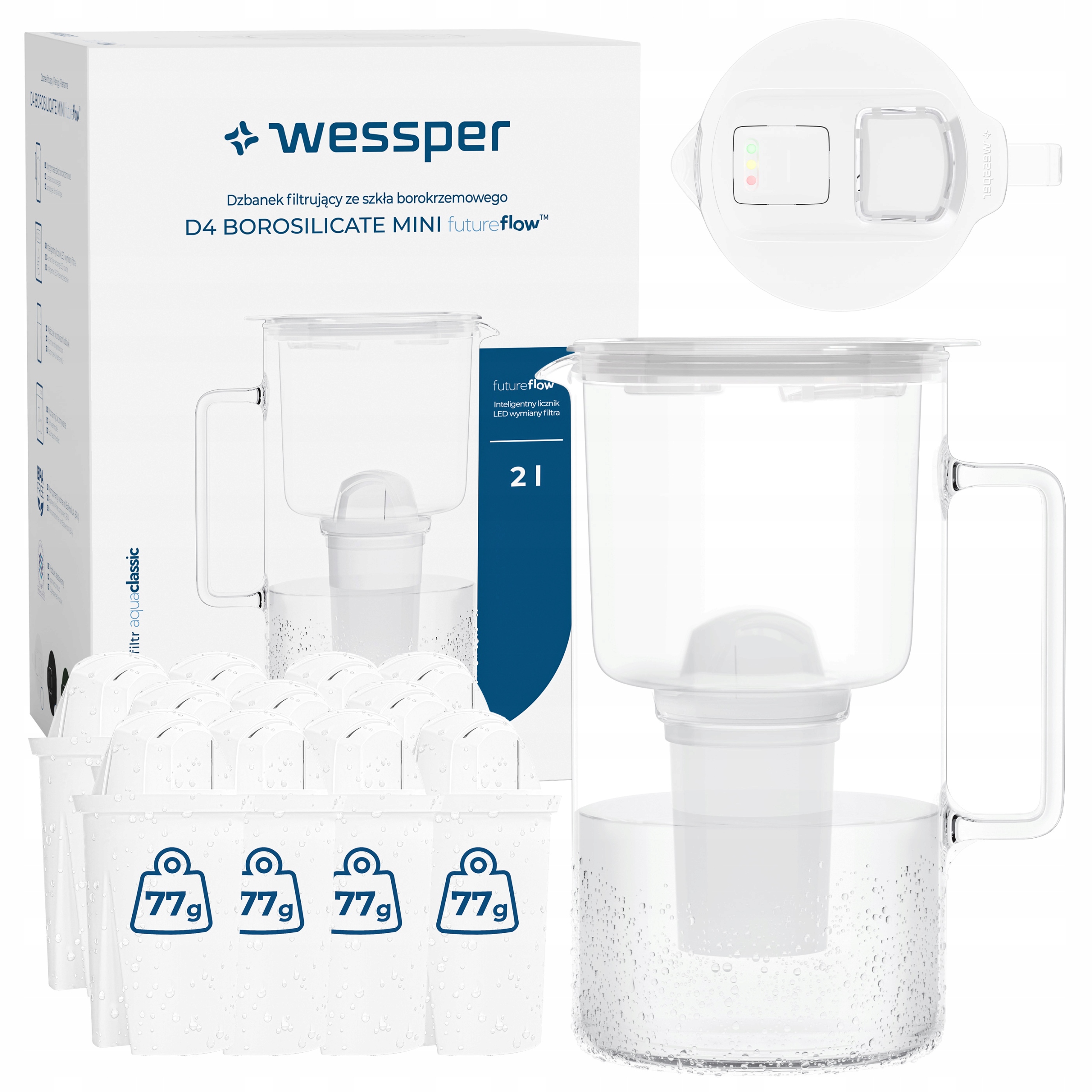Szklany dzbanek filtrujący Wessper D4 Borosilicate Mini 2l 12x filtr
