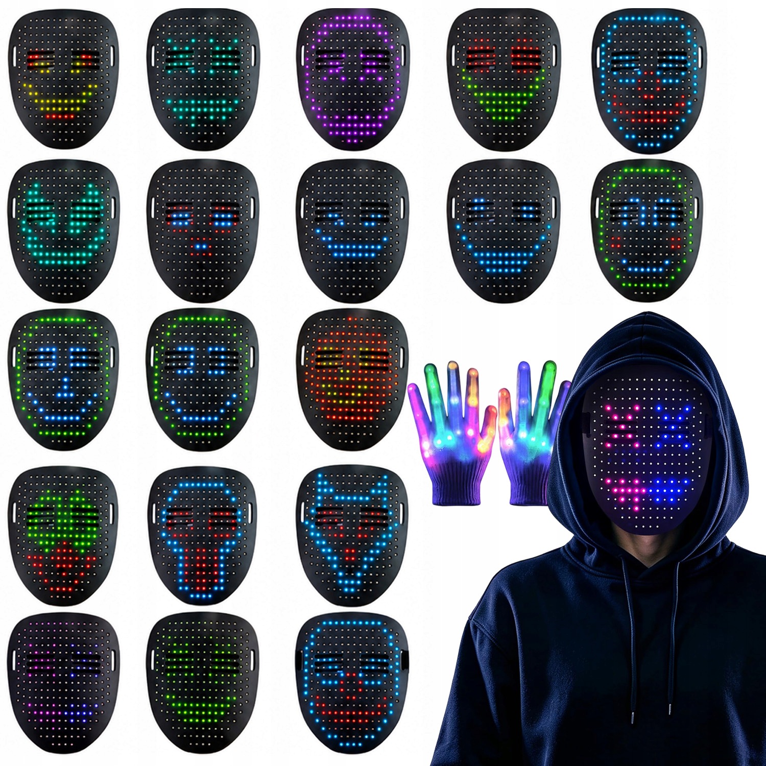 Led Maska Měnící Obličej, Programovatelná Na Halloween S Svítícími Rukavicemi