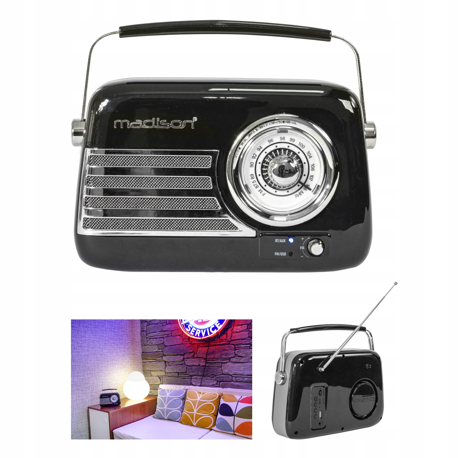 

Bateryjne radio Fm Bt Usb Madison Vintage czarne