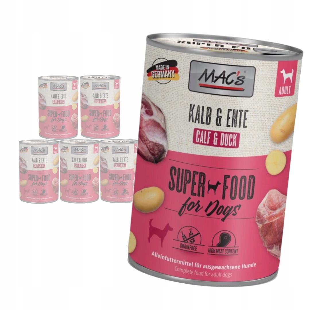 Levně MAC's Dog Bezobilné Vlhké Krmivo pro psy s telecím a kachním masem 6x400 g