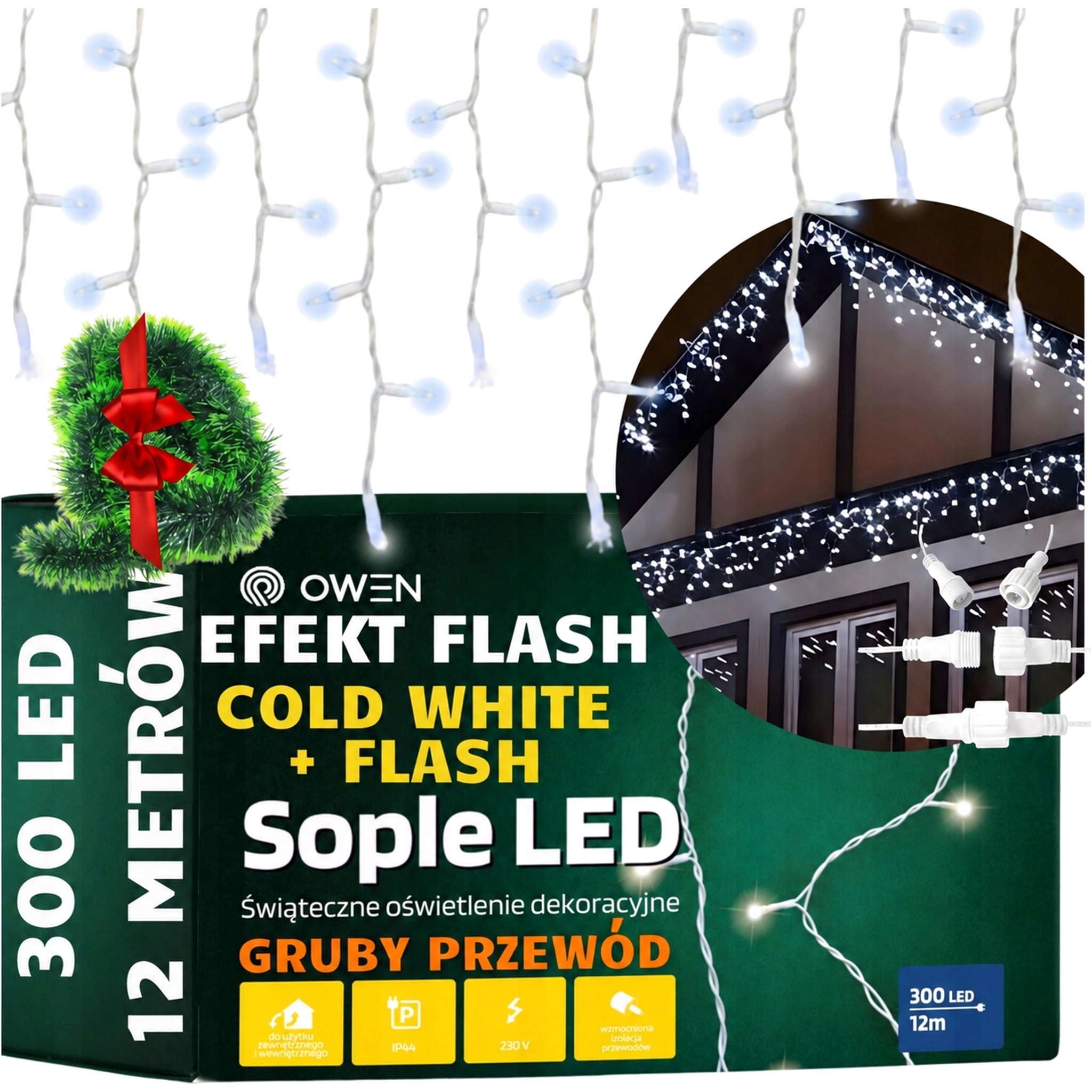 Rampouchy venkovní Led 300 světel 12 m IP44 flash bílý studený silný kabel