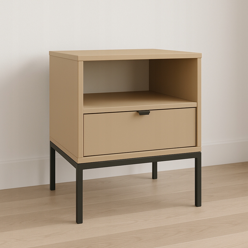 Noční stolek, 1 šuplík a polička, na kovovém rámu Cappuccino Aura