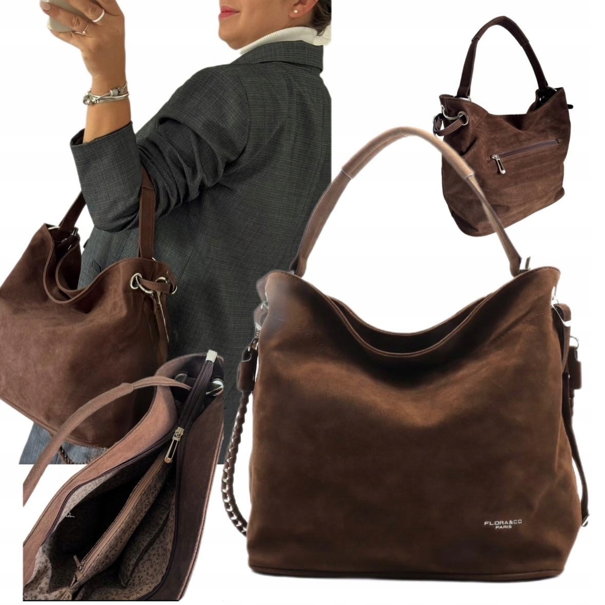 Torebka Damska Worek Flora&co Zamsz Eco Skóra Zamszowa Brązowa Czekolada