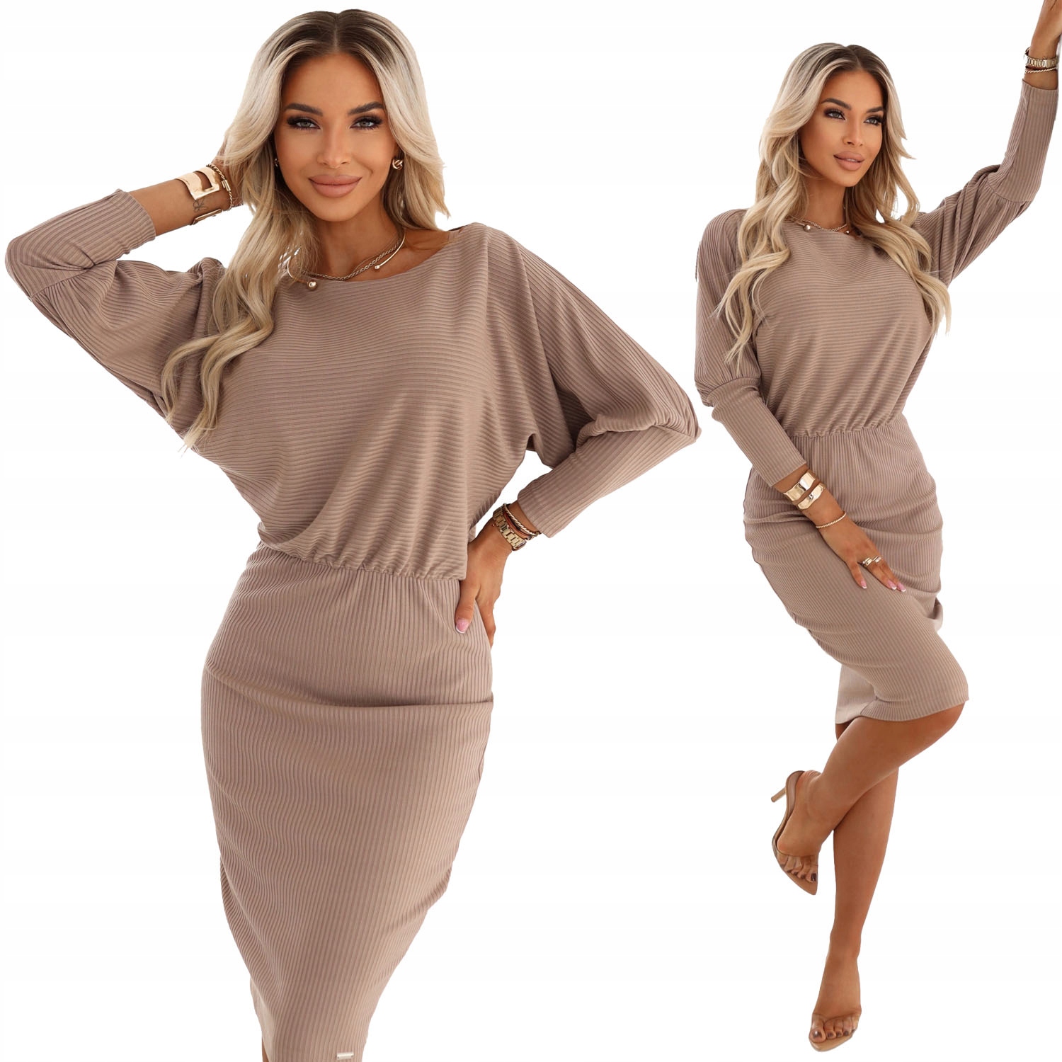 Šaty S Proužky MIDI Lara Elastický Materiál Pohodlná Béžová Mocha M