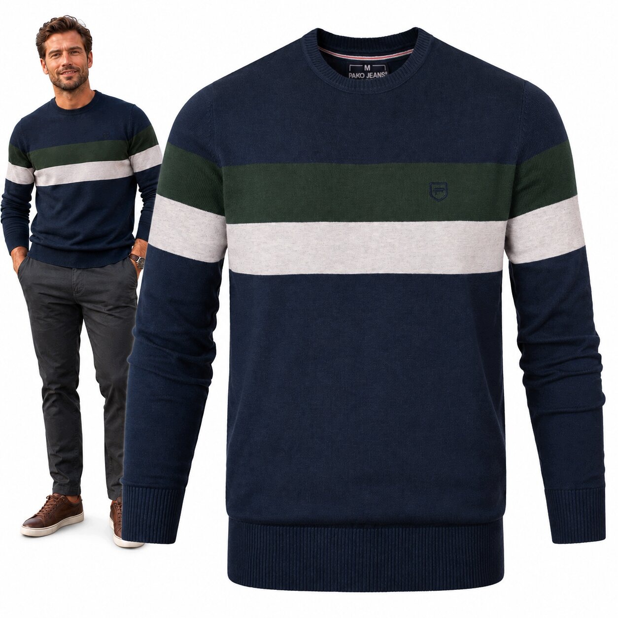 Elegantní pánský svetr Tmavě Modrý s Páskami Bavlněný M Pako Jeans