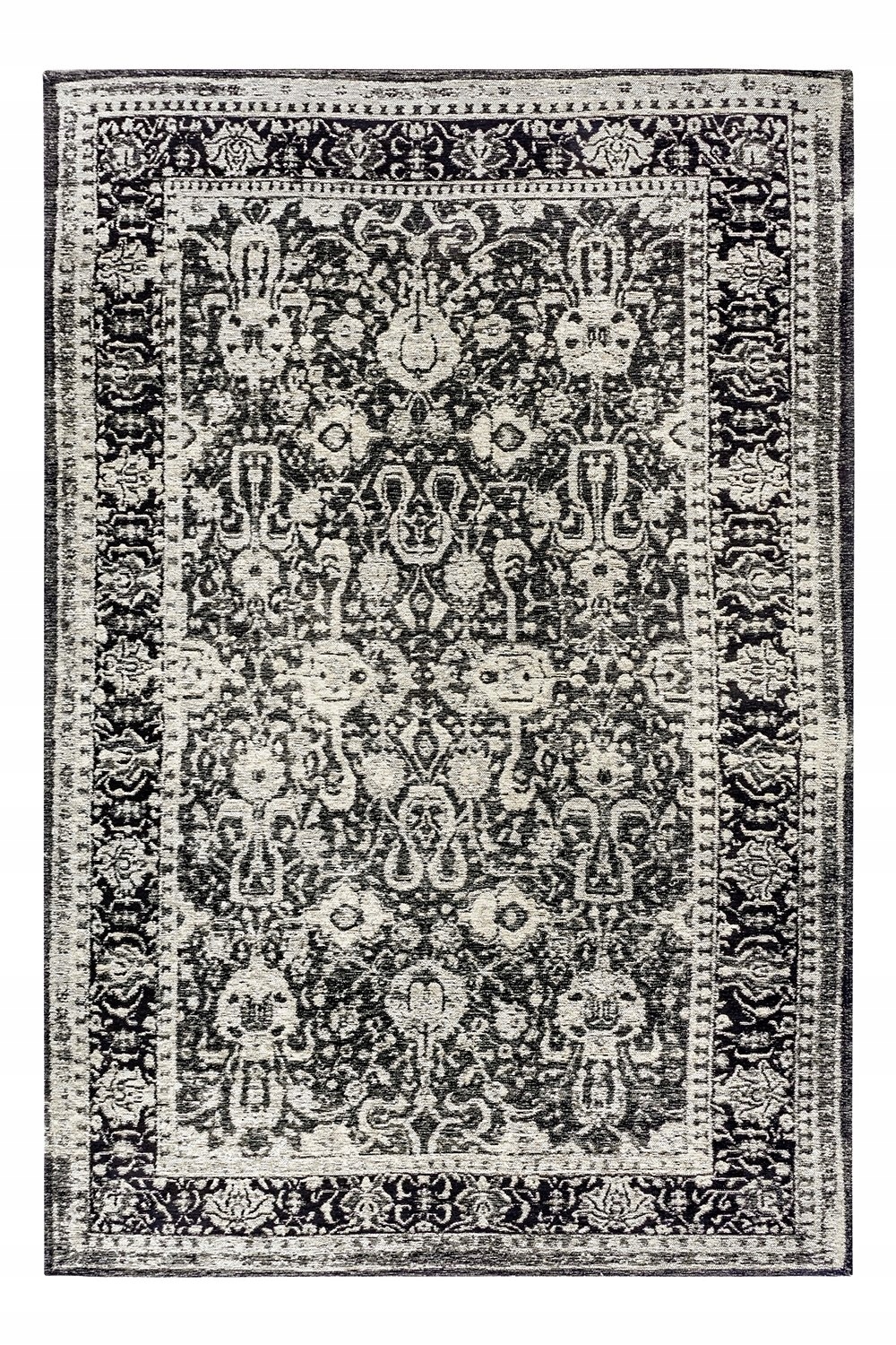 Koberec šenilový do obývacího pokoje o rozměrech 120 x 180 cm, klasický černo krémový vzor