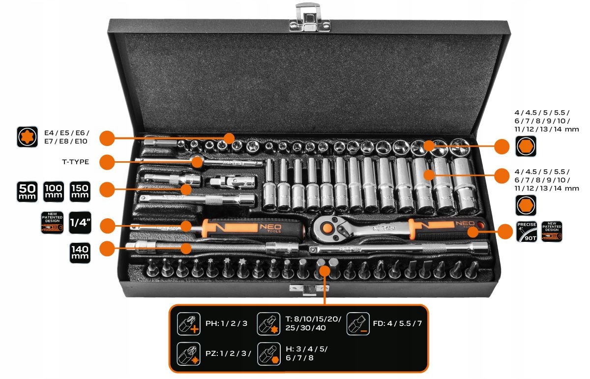 

Zestaw Kluczy Nasadowych 1/4''63 Części 10-008 Neo