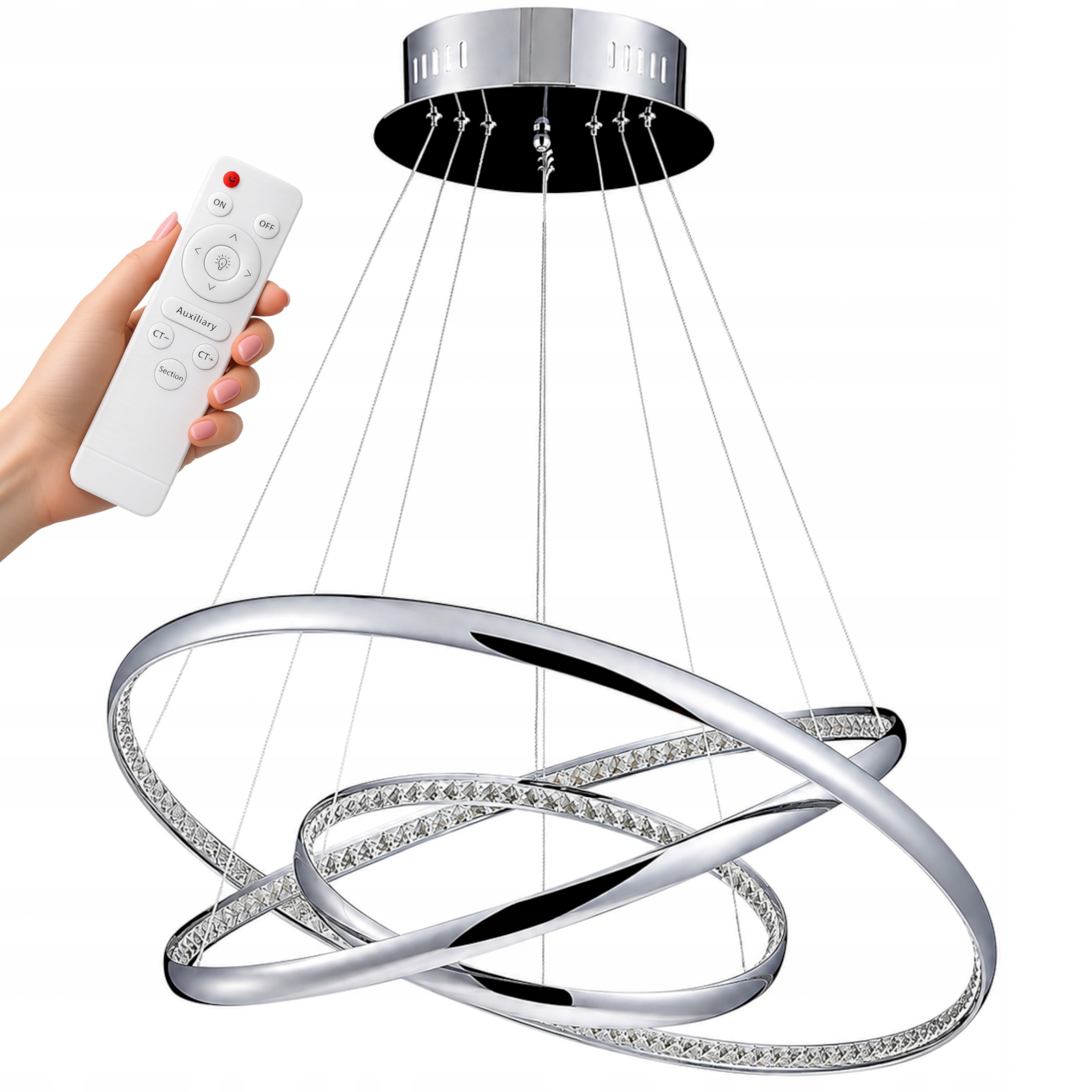 Závesná Stropná Lampa Luster Strieborná Kryštálová 3 Kruhy Chrom Diaľkový Ovládač