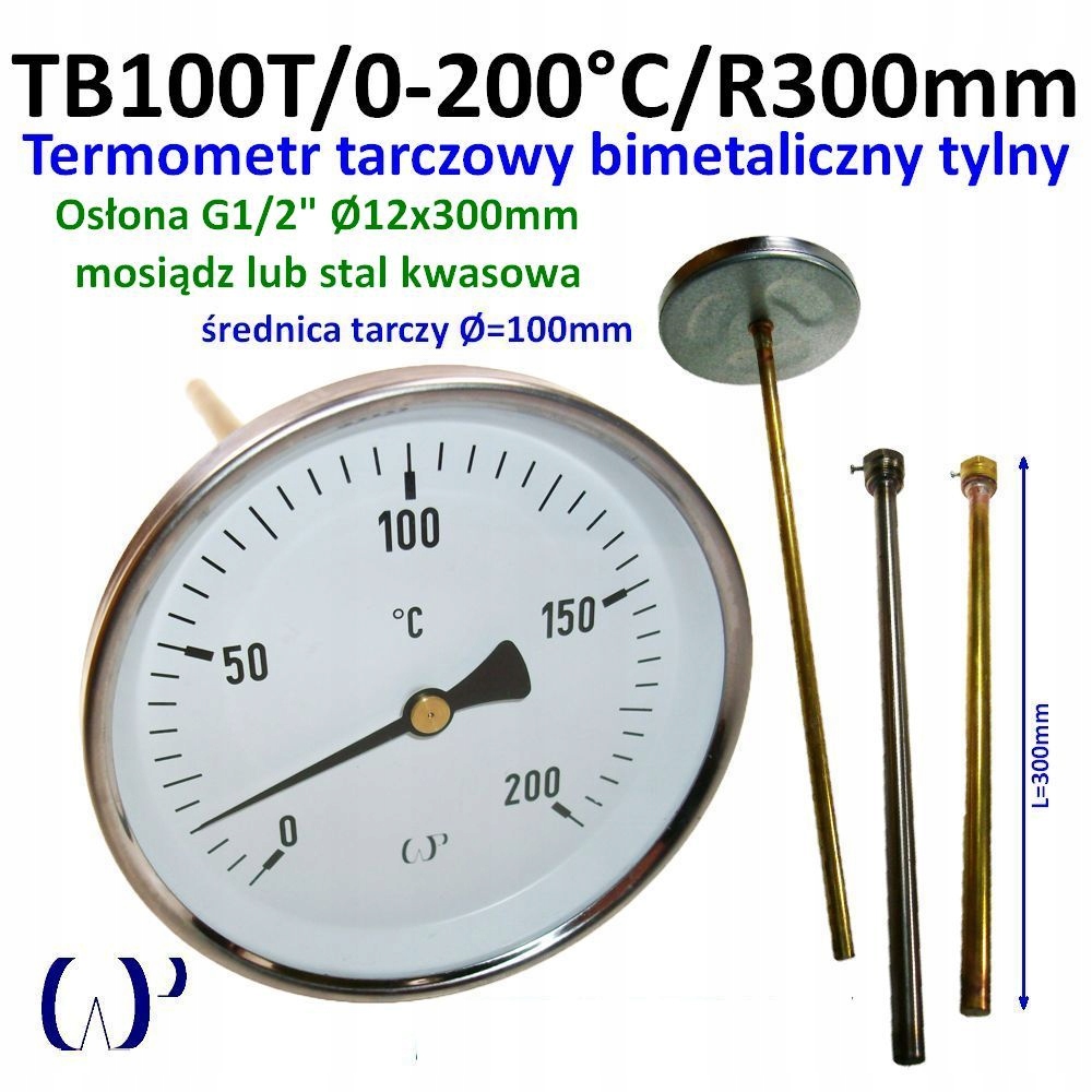 Bimetalový zadní teploměr TB100T/0-200°C mosazný kryt 12x300 mm G1/2"