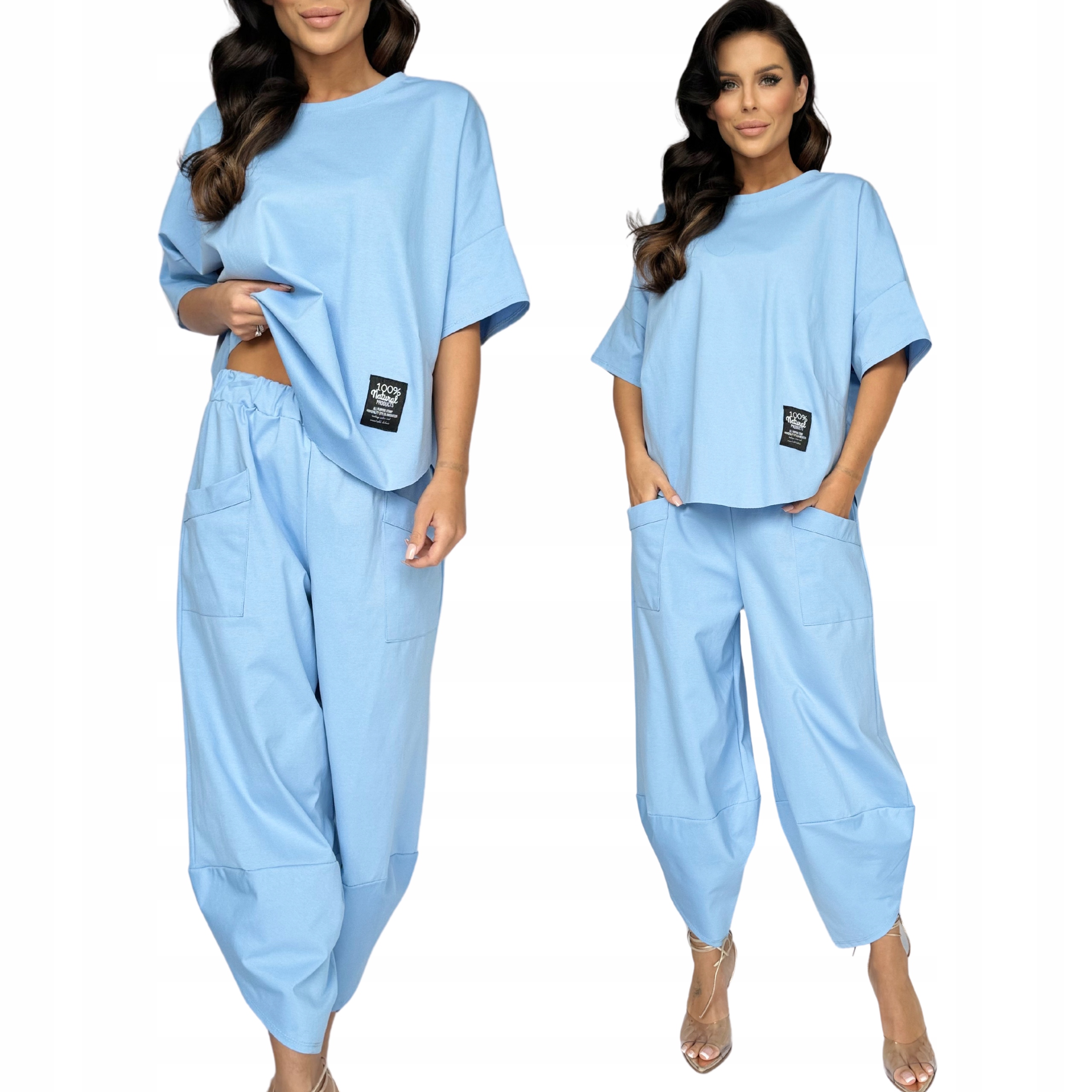 Komplet Damski Dres Bluzka Bluza Spodnie Oversize Luźny Bawełna Błękit 2890