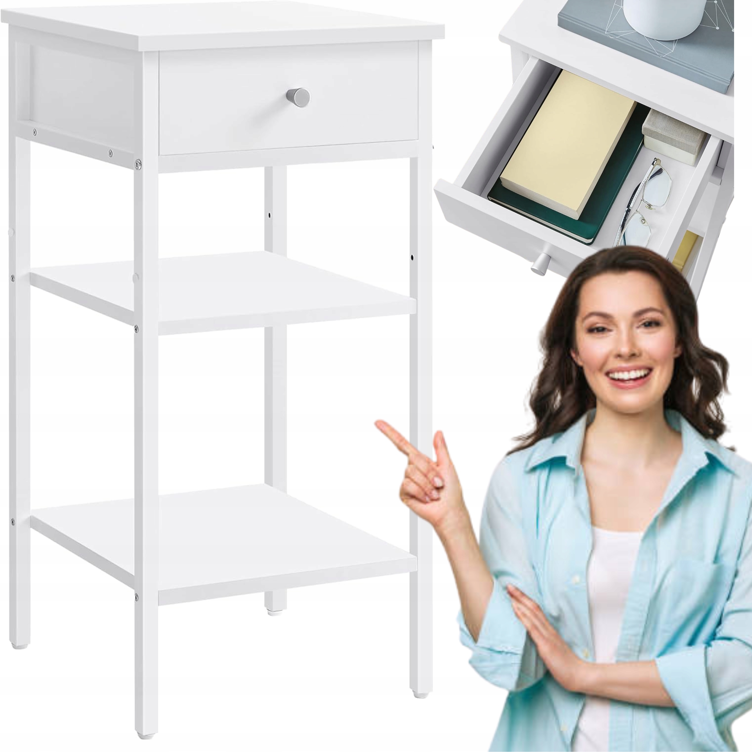 Nočný stolík Biely Vysoký Úzka skrinka so zásuvkou 2 police Bočný stolík