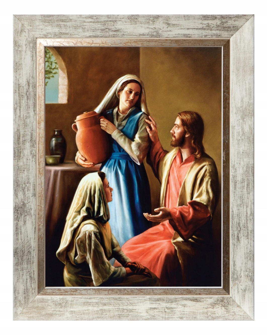 Ježiš Maria Marta Sakrální Obraz Na Plátně V Bílém Rámu 30X40