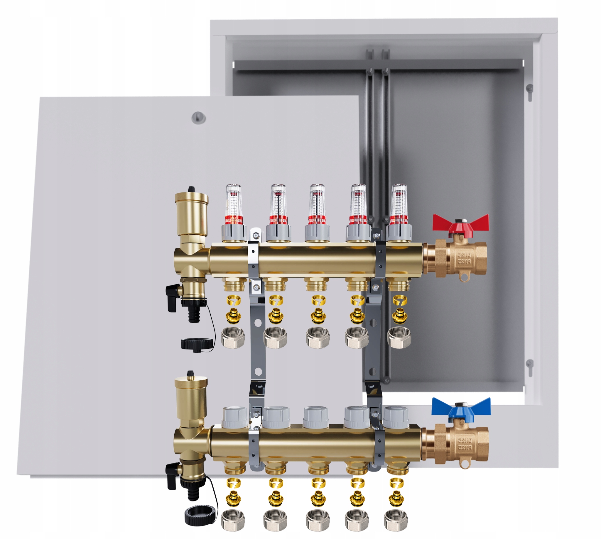 Rozdělovač mosazný podlahový 5 okruhů skříňka rovný ventil Pex