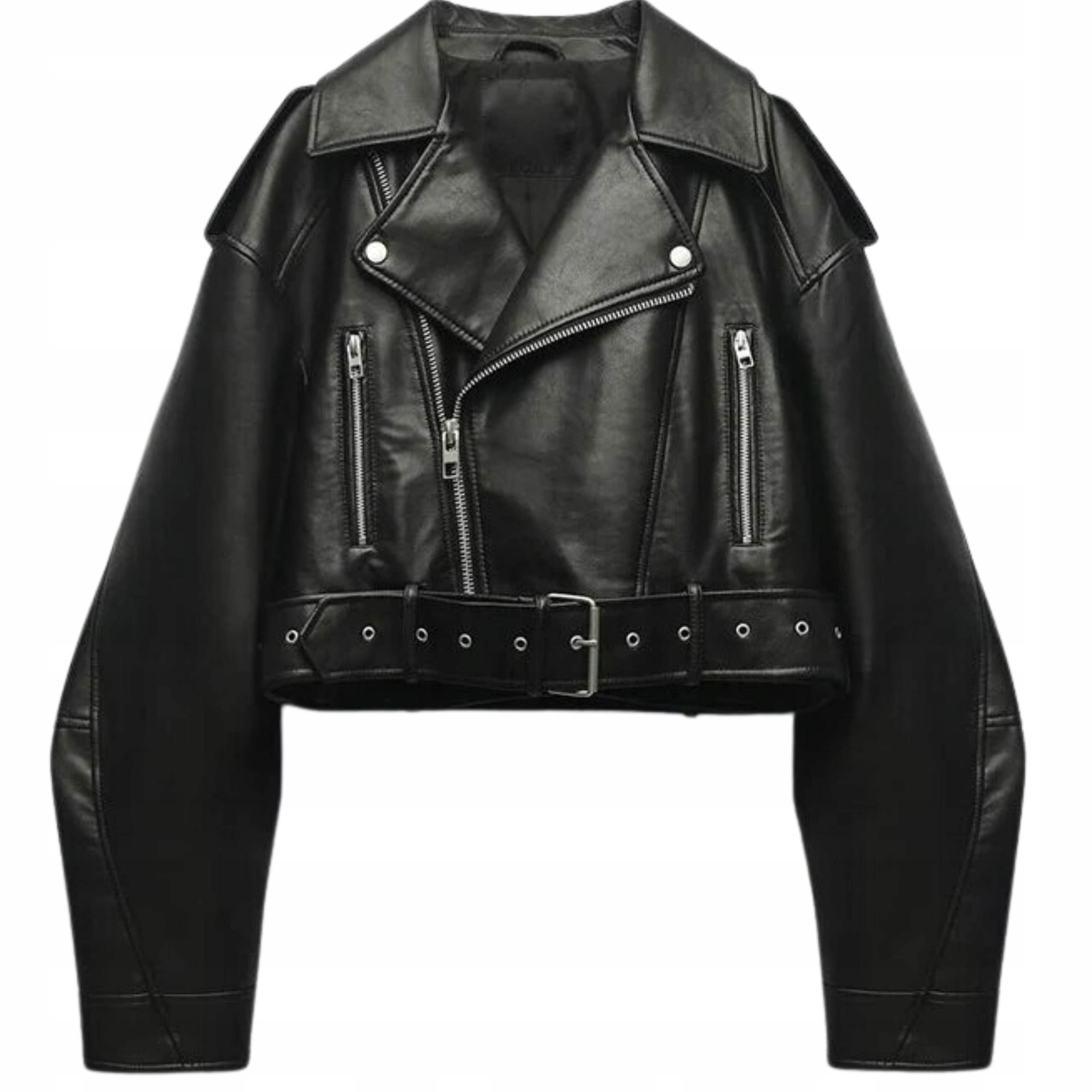 Kurtka skórzana damska ramoneska typu biker czarna z paskiem przejściówka