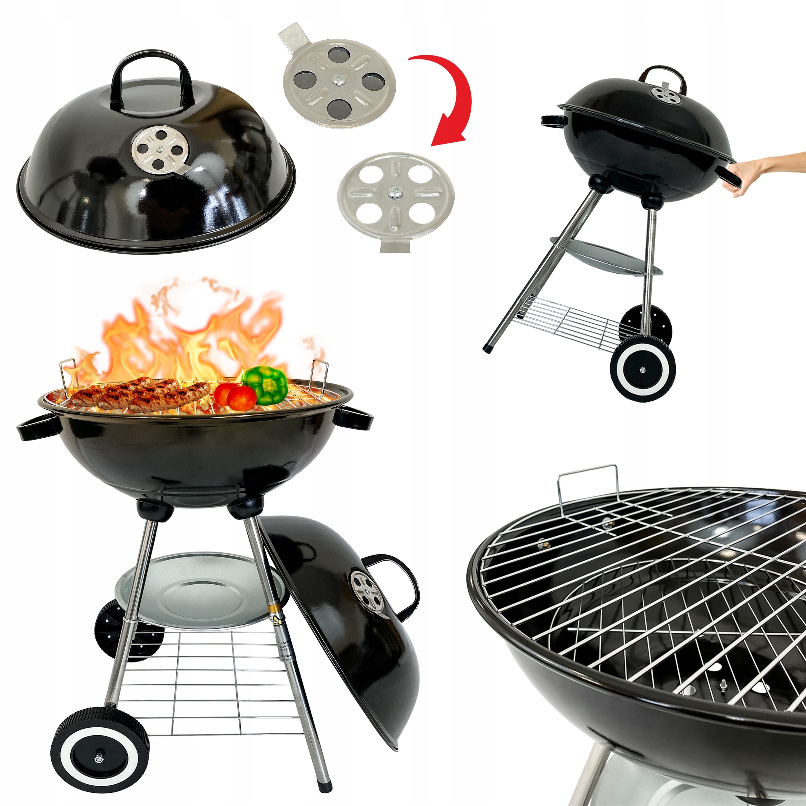 Zahradní Gril Na Uhlí Kulatý, Přenosné Víko BBQ1014 4 Podložky Teflon