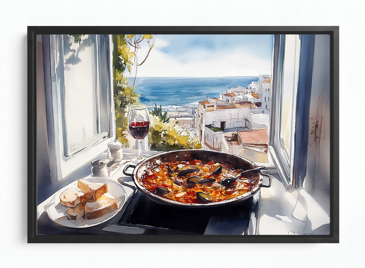 Obraz Rám Americký Box Okno Kuchyně Moře Paella Víno Španělsko 60x40