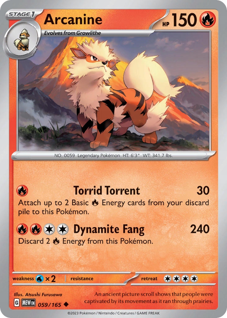 Oryginalna Karta Pokémon 151 Arcanine 059/165 (MEW 059) Angielska