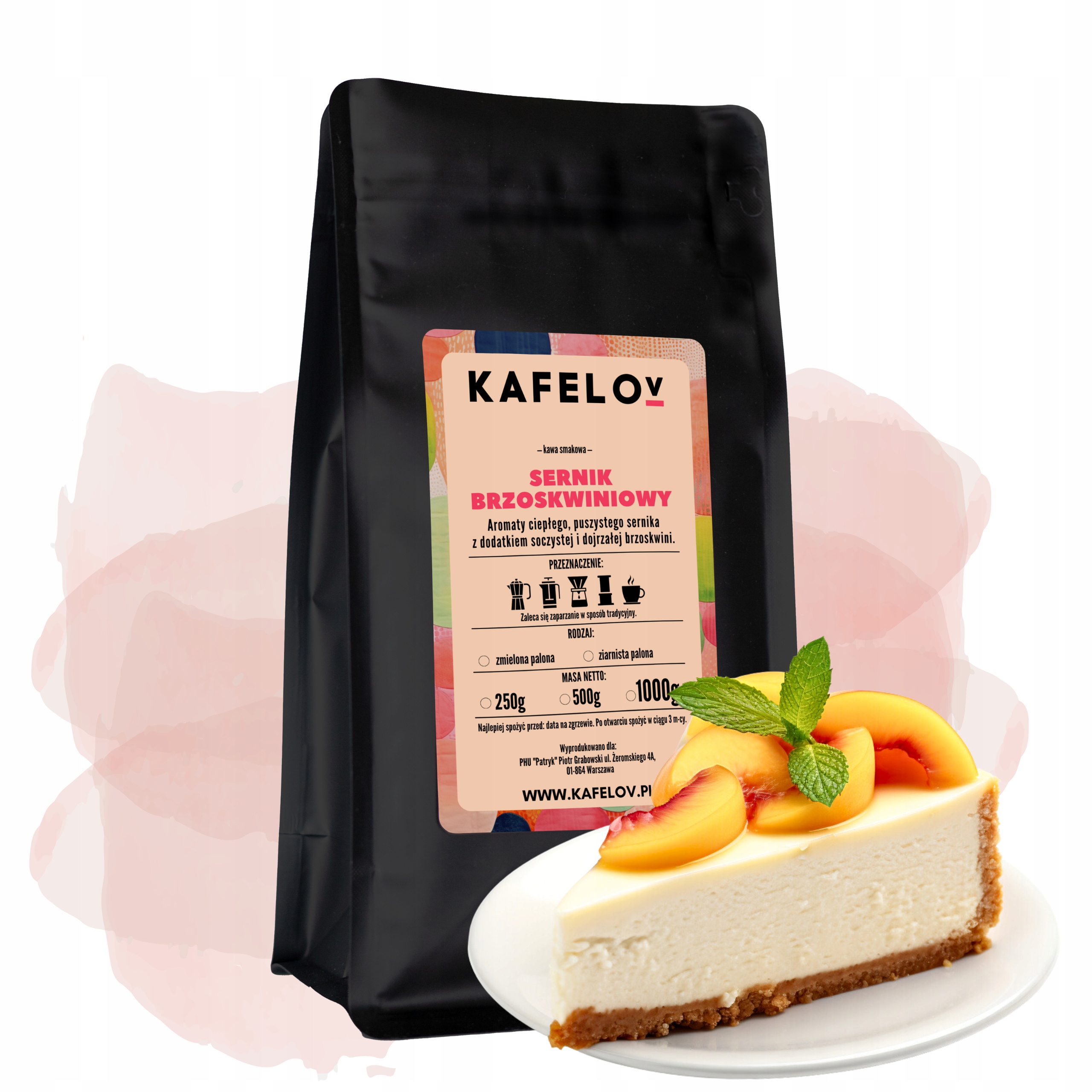 Levně Mletá káva s příchutí 1 kg Sýr s broskvemi arabika čerstvě pražená