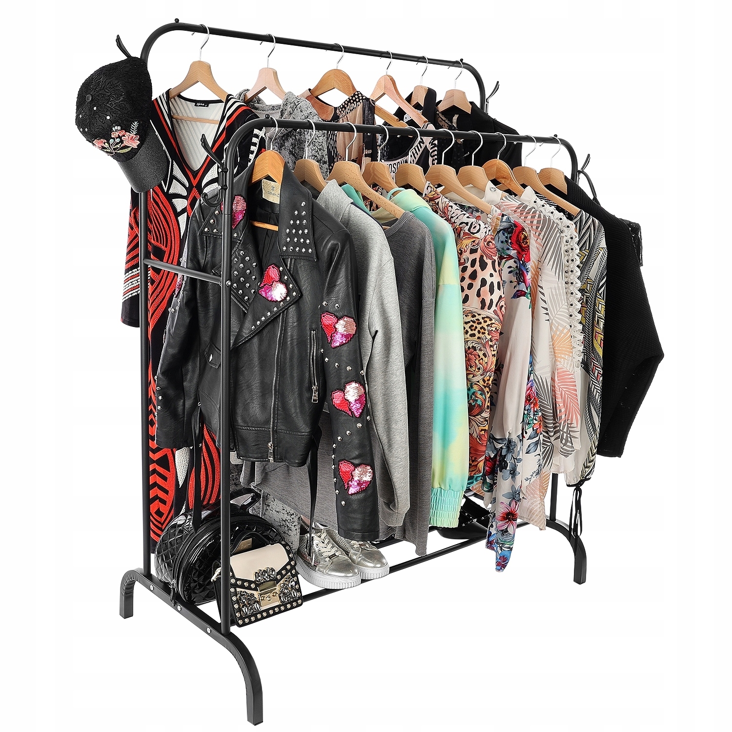 STOJĄCY WIESZAK PODŁOGOWY PODWÓJNY Z PÓŁKĄ NA BUTY