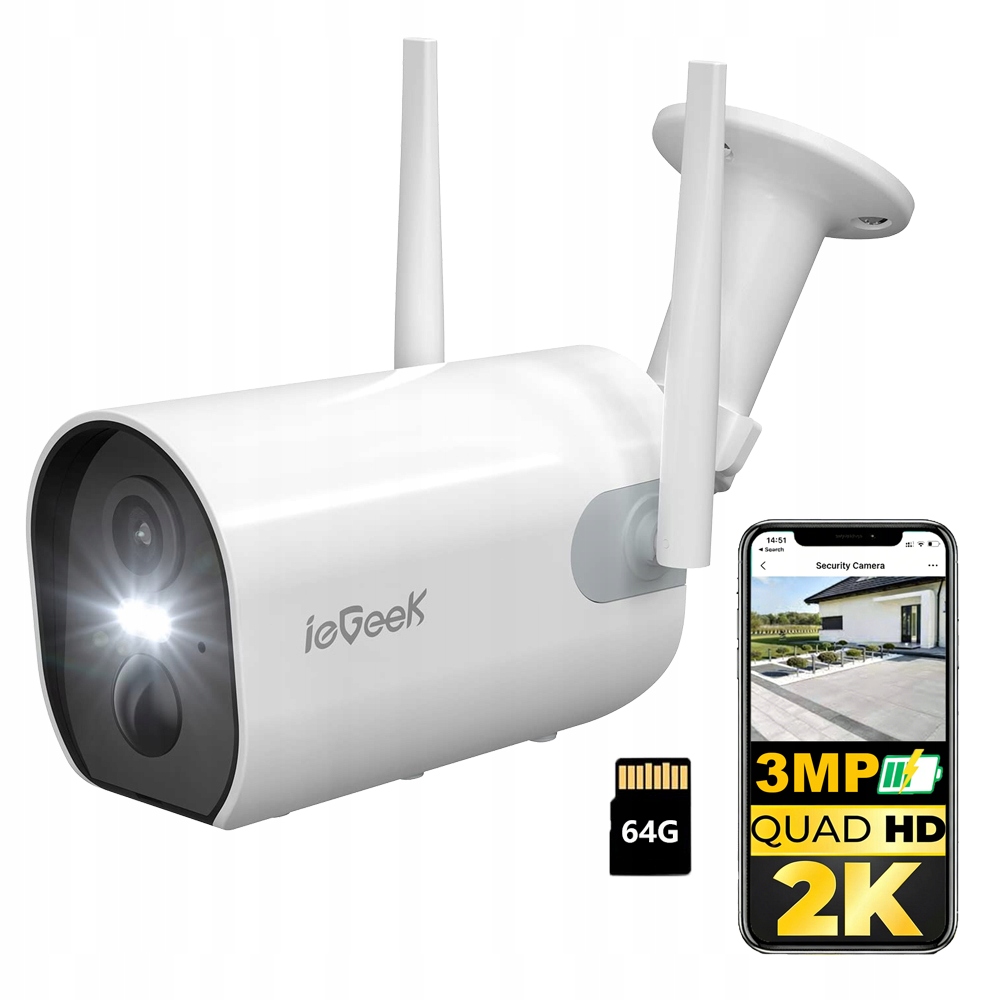 3Mpx 2K Wifi bateriová kamera s bezdrátovým barevným nočním viděním a 64 Gb