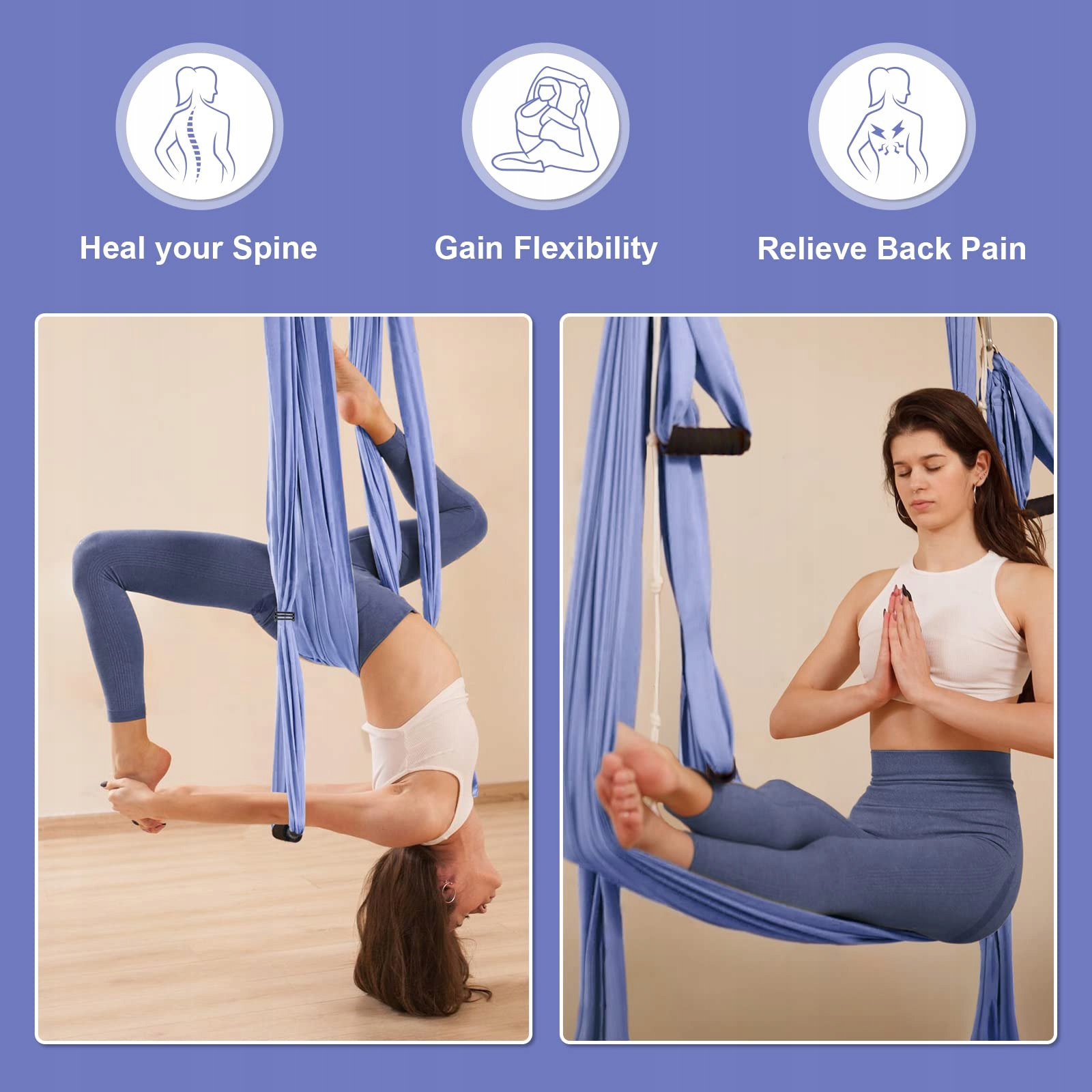 LEOGREEN Hamak Antygrawitacyjna Huśtawka Pilates Nylon 300kg Fioletowy — miniatura 5