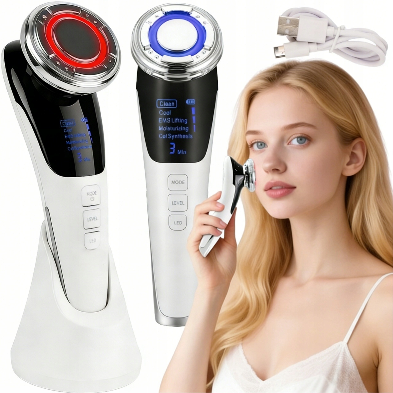 Masażer do Twarzy Ems Led 7w1 Lifting Ultradźwięki Mezoterapia Bezigłowa