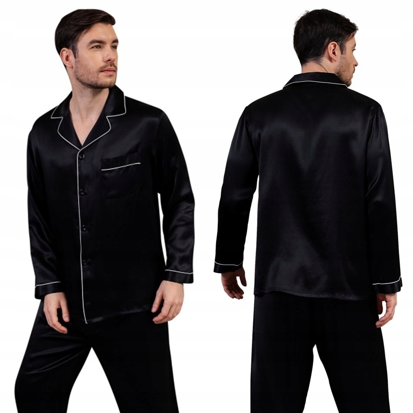 Hedvábné pyžamo Pánská Noční košile Kalhoty BlackL