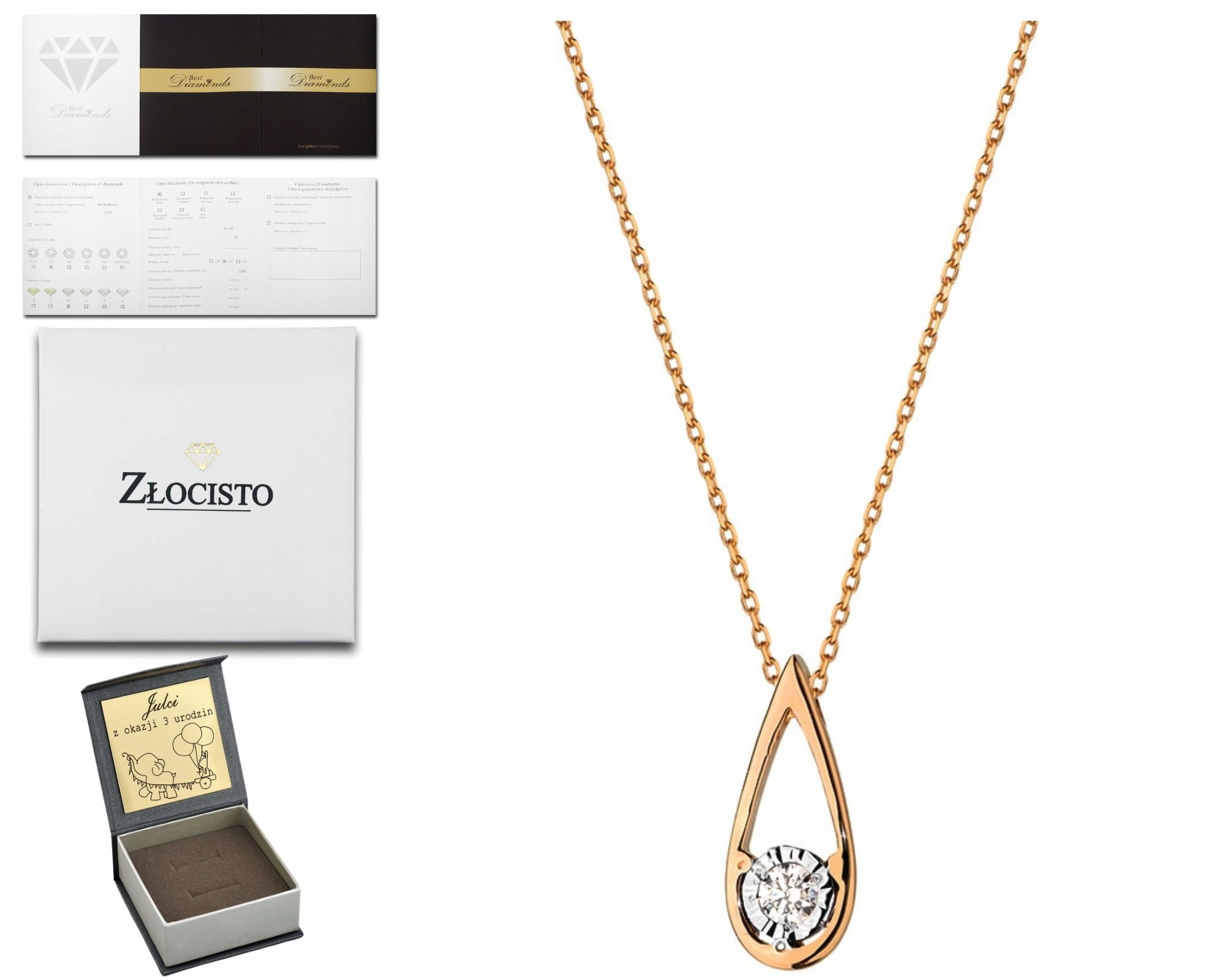 Náhrdelník Z Růžového Zlata Briliantová Slza Gravírování