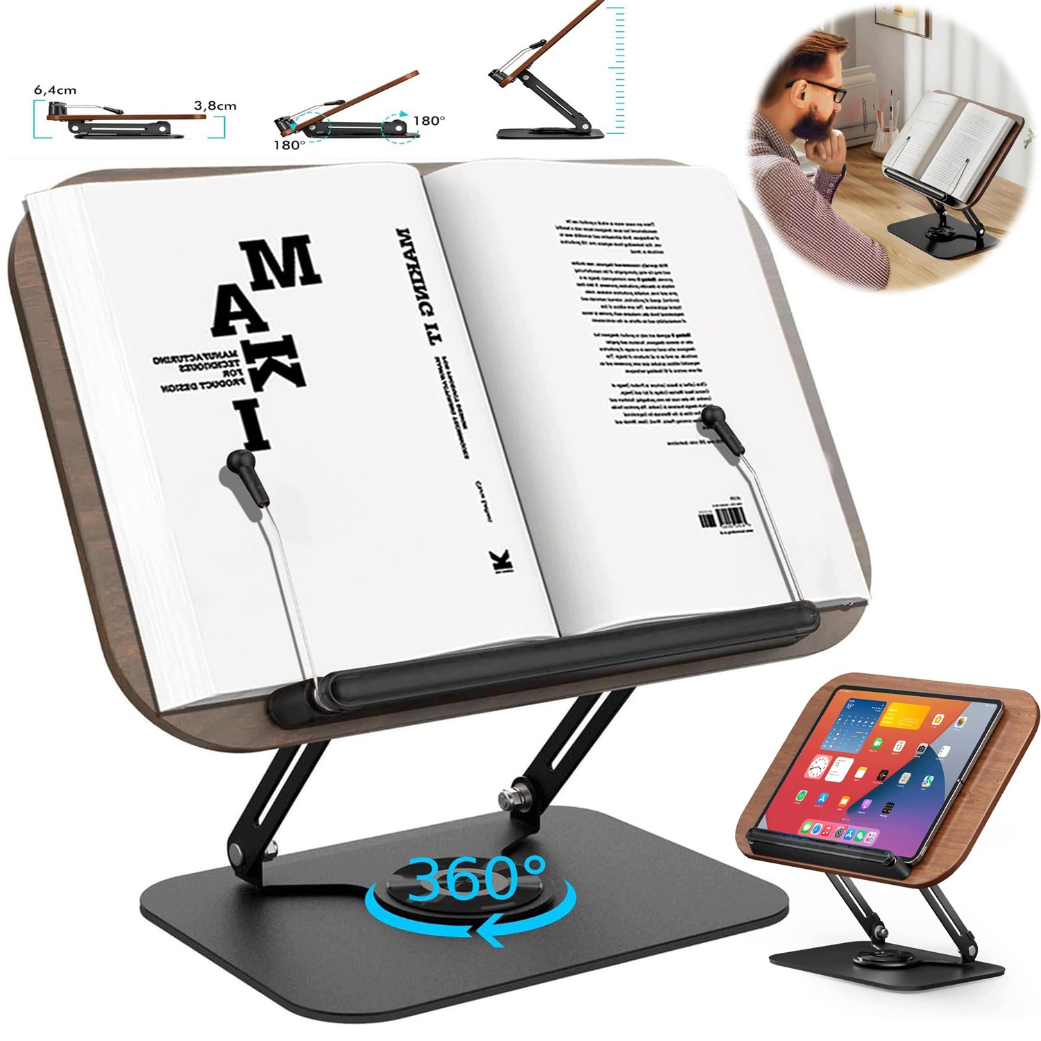 Stojan Podstavec Na Knihu Dřevěný Nastavitelná Opěrka Pod Tablet Držák