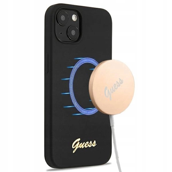 Pouzdro Guess Silicone Script Gold Logo MagSafe pro iPhone 13 černé