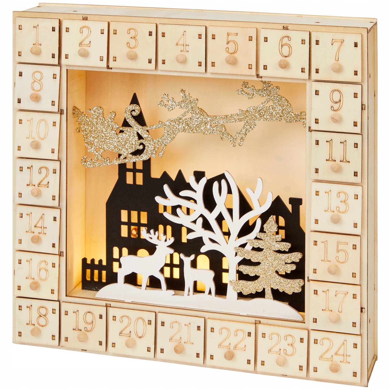 KALENDARZ ADWENTOWY DREWNO Z OŚWIETLENIEM LED BAŁWAN NA NARTACH