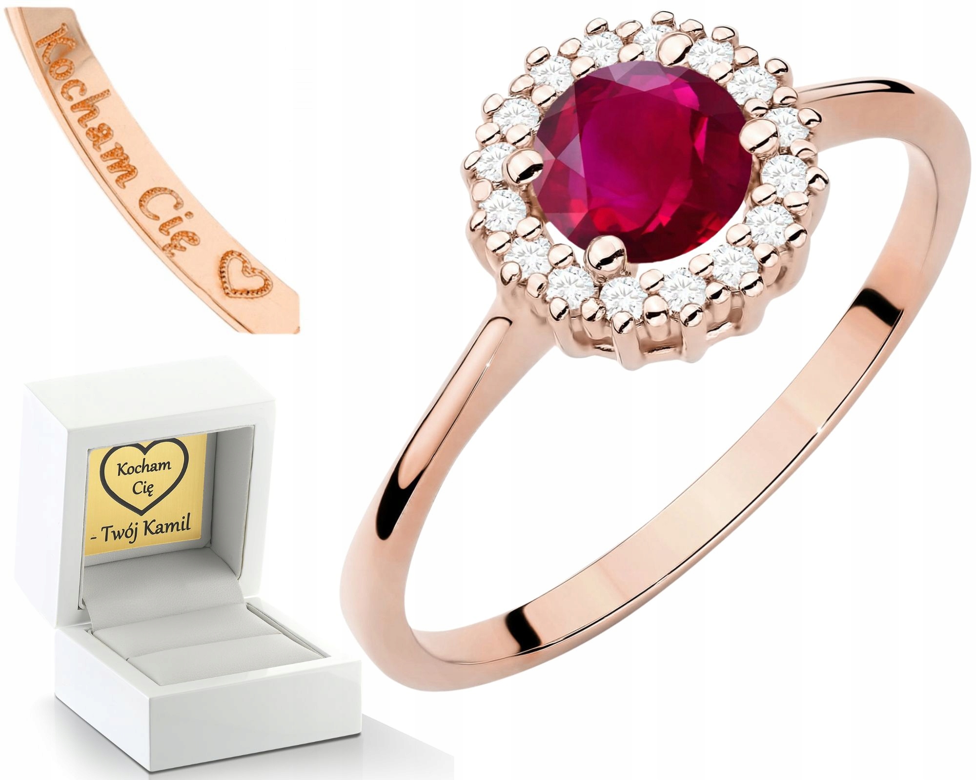 Růžový Zlatý Prstýnek Rubín A Diamanty Gravírování Bonus , Dárek 585