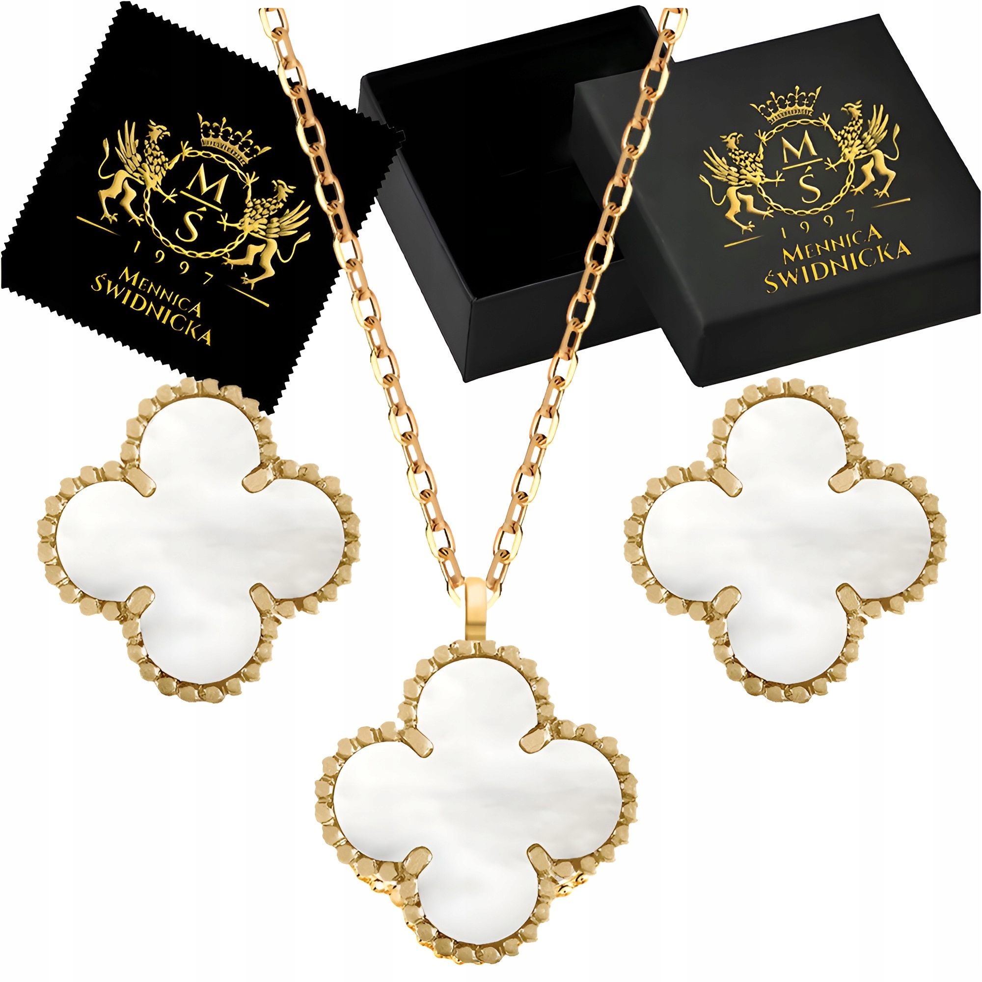 Zlatá sada Náušnice a náhrdelníku s jetelem a perletí, Stříbro 925