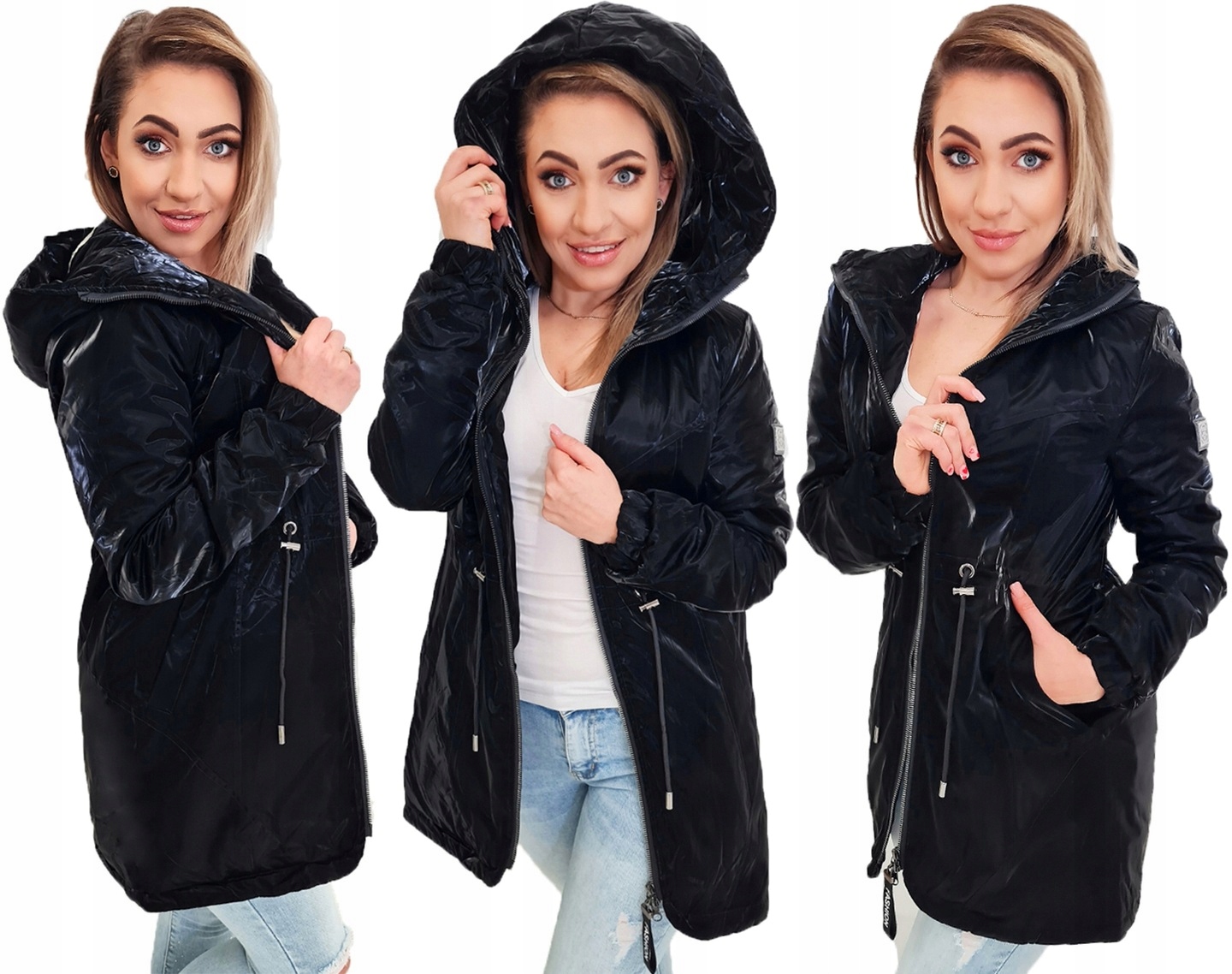 Lśniąca Damska Taliowana Parka Kurtka Z Kapturem XL
