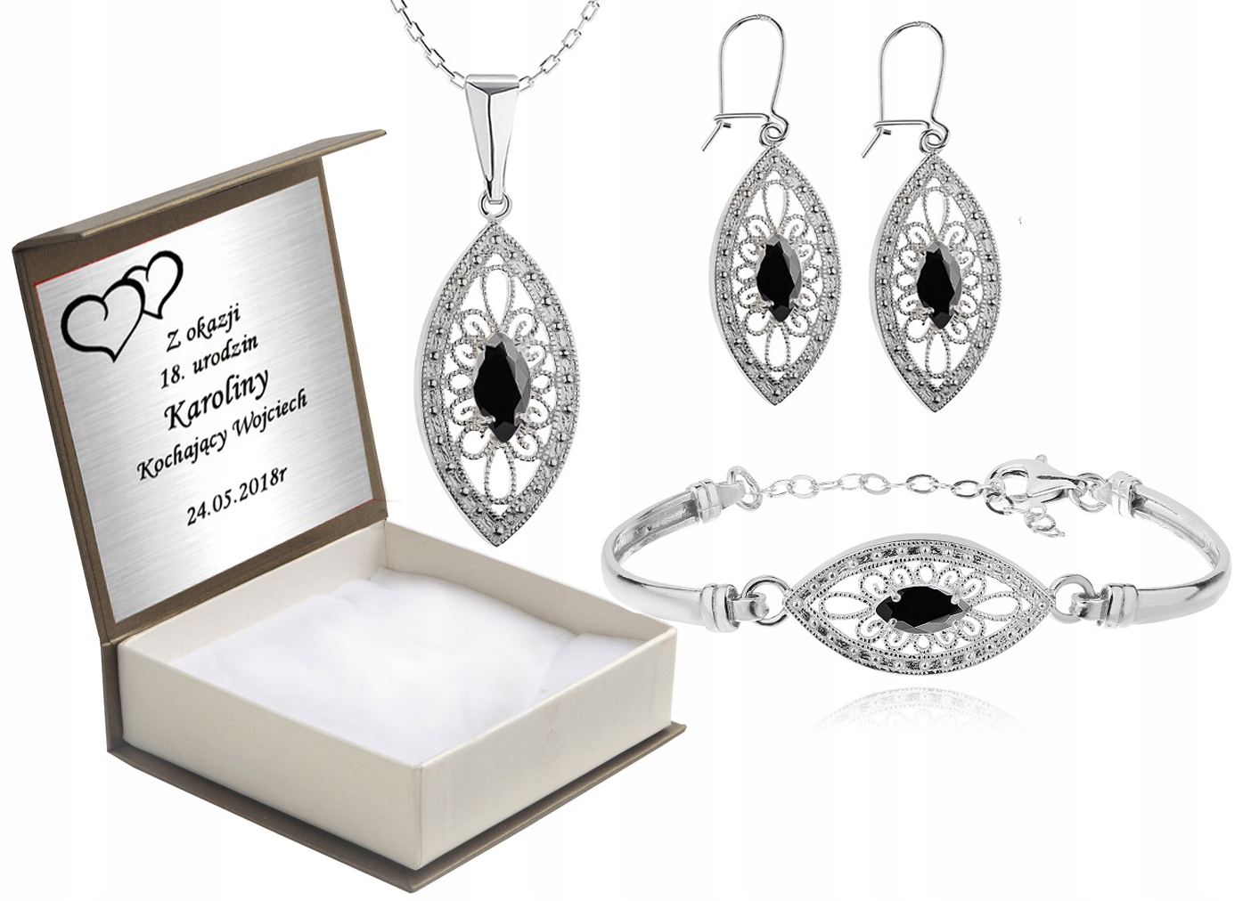 

Komplet Biżuterii Z Czarnymi Cyrkoniami + Grawer