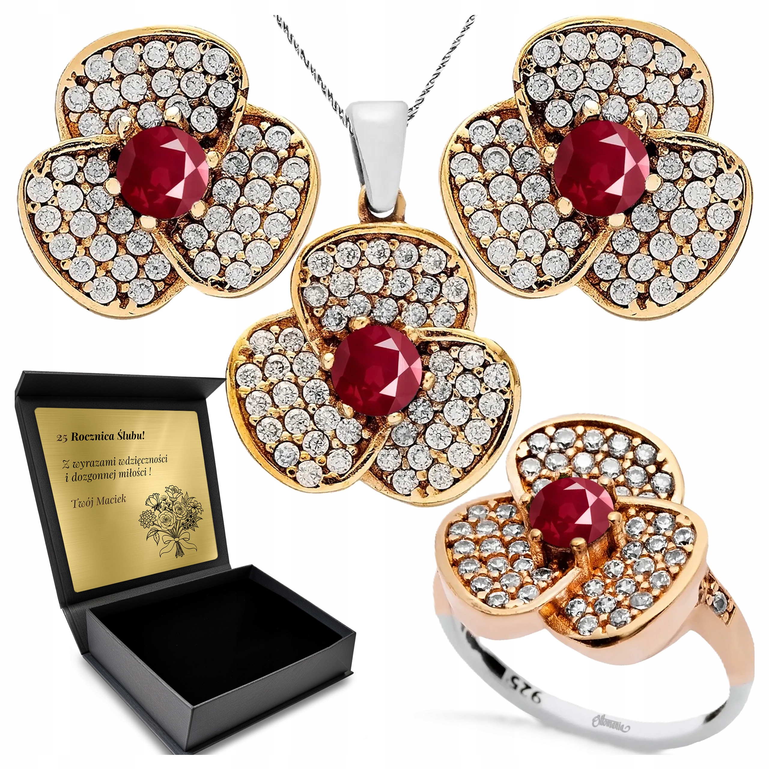 Komplet Stříbrných Šperků 925 Zirkony Rubín Dárek pro ženu Gravírování